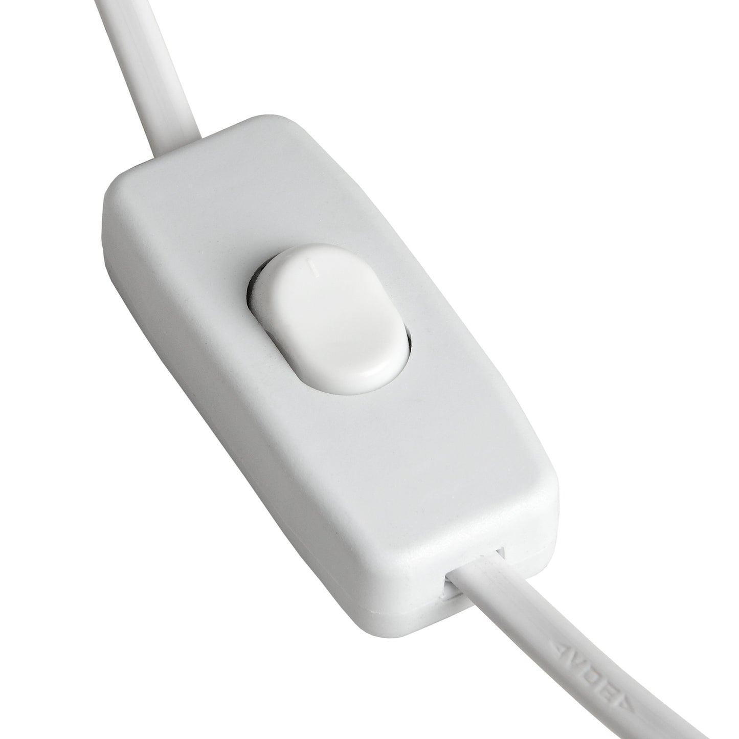 Close-up of a white electronic component with a cable on a white background