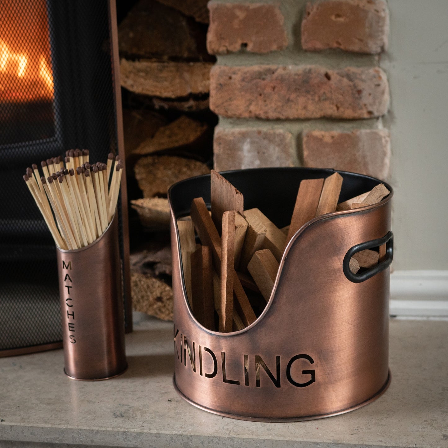 Copper matchstick holder and kindling bucket