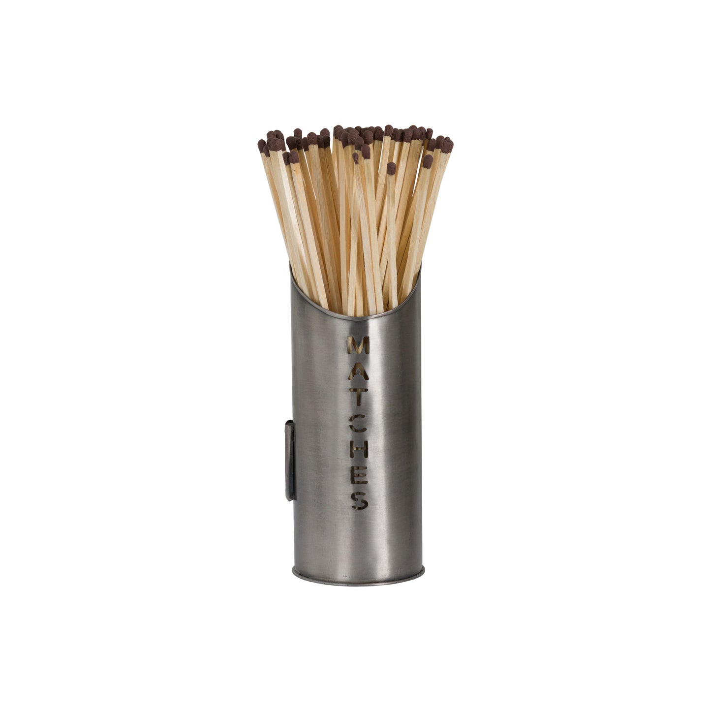 Matches in a metal container on a white background