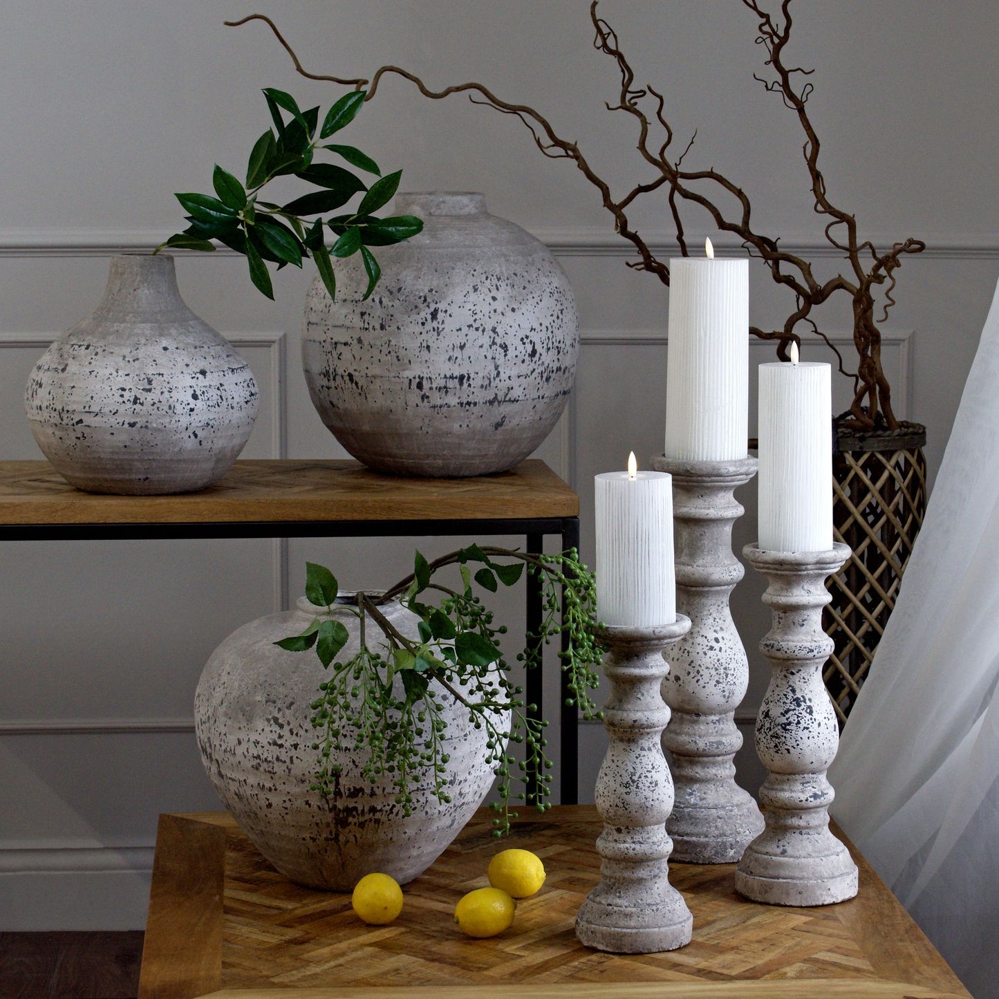 Grey candles and vases