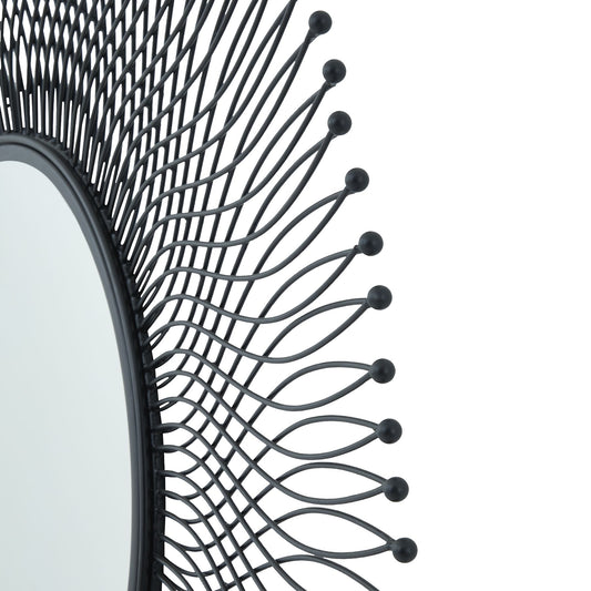 Close-up of a black decorative mirror with intricate design on a white background
