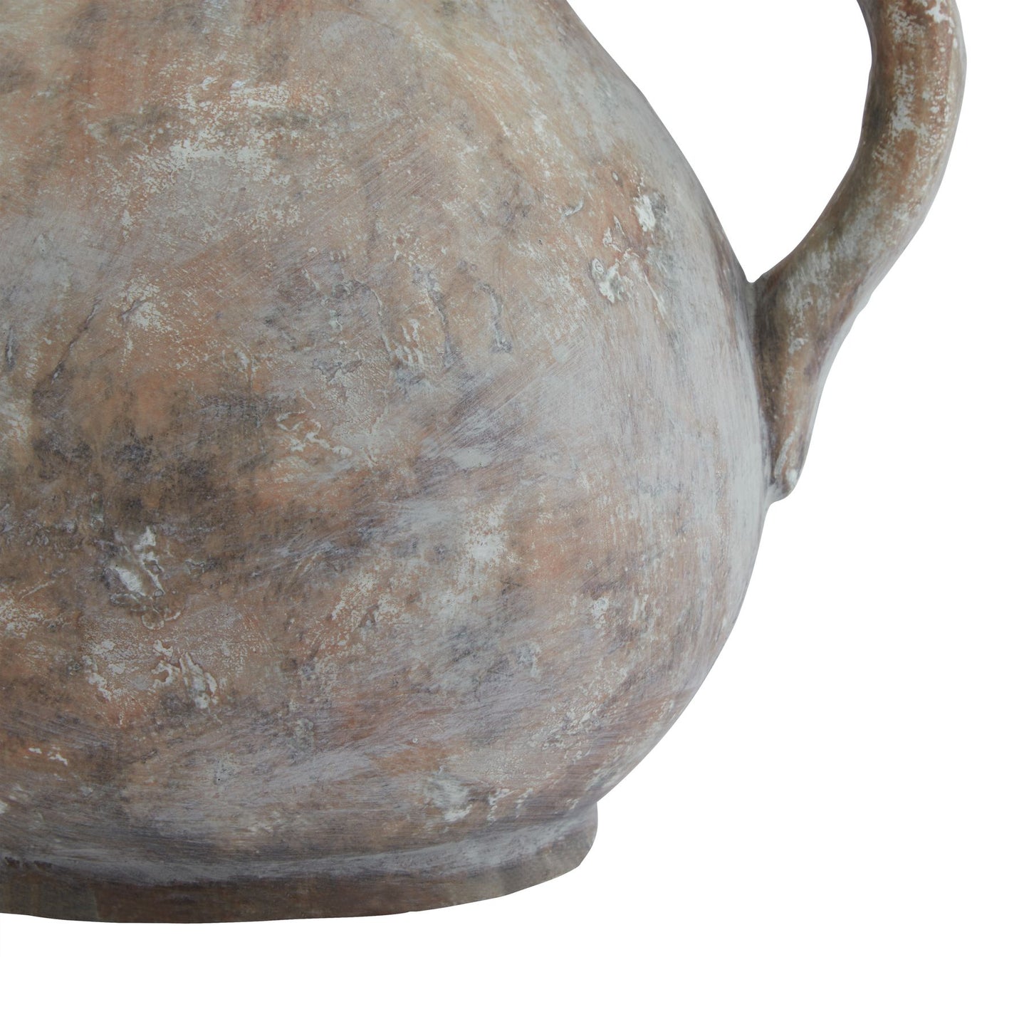 Close-up of a rustic, brown ceramic pitcher on a white background