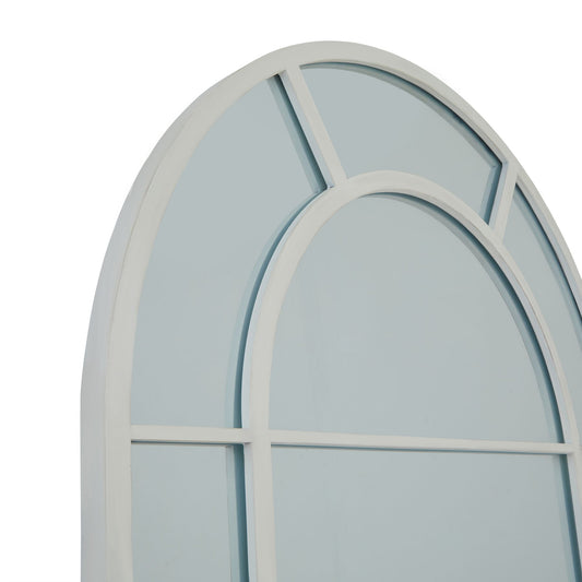 Round window mirror with white frame and glass on a white background