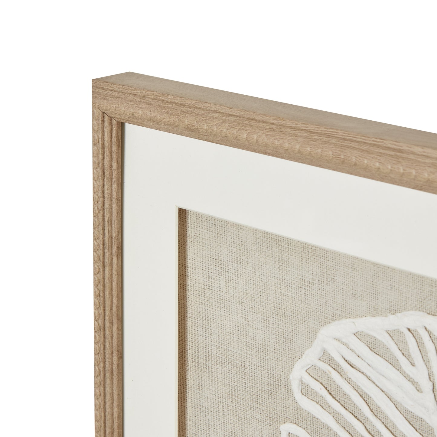 Close-up of a wooden headboard frame with a textured fabric panel and decorative element.