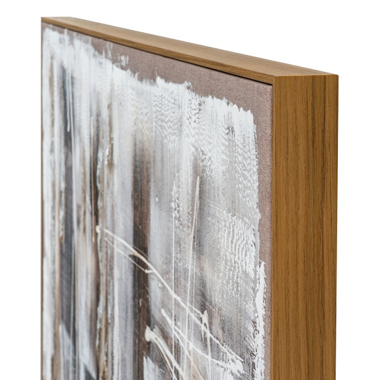 Close-up of a wooden frame with a textured painting inside