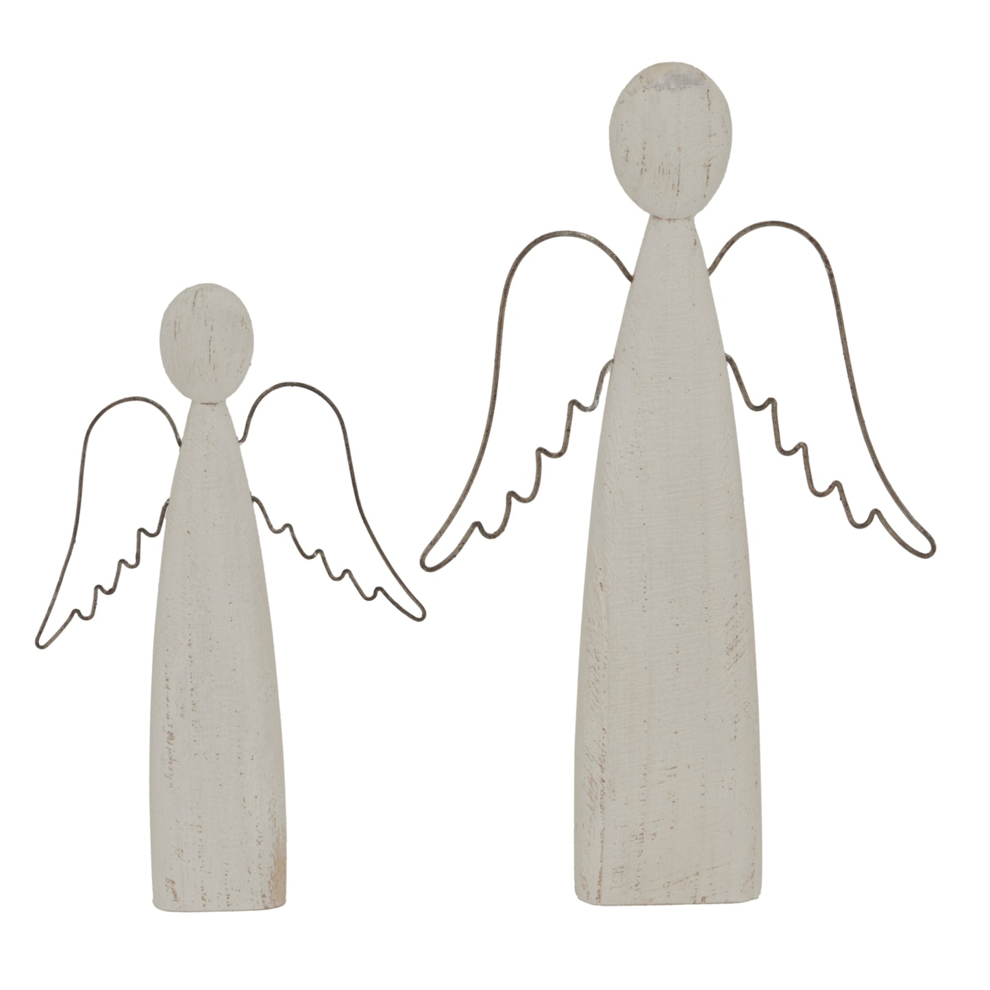 Two stone angel figurines with wings on a white background