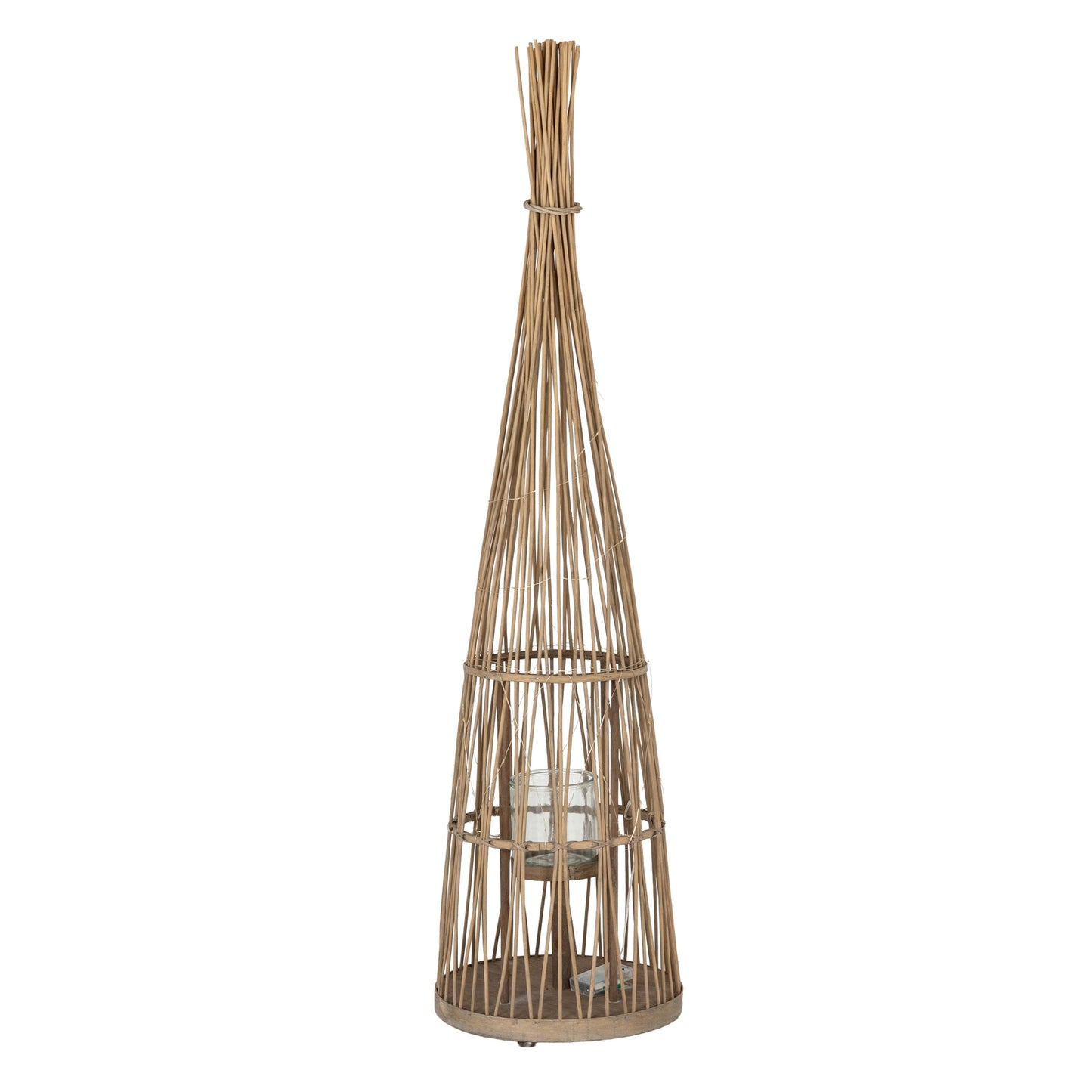 Tall, cone-shaped rattan lantern on a white background