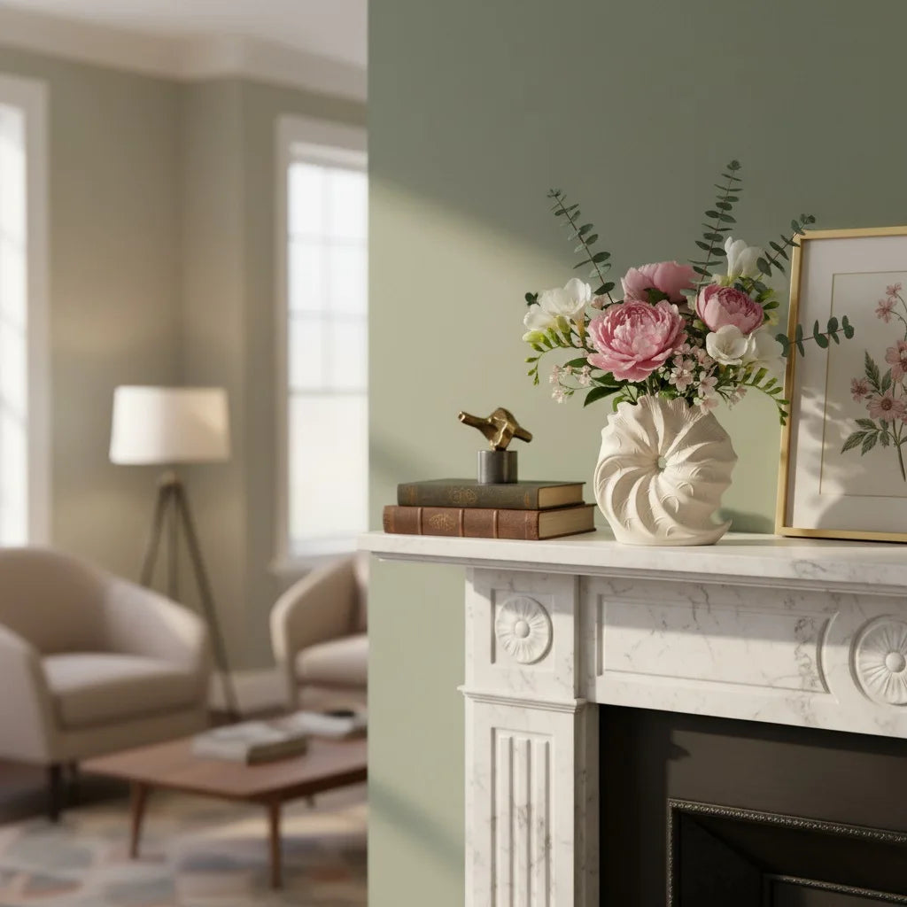 Decorative floral arrangement on a mantelpiece with a living room in the background