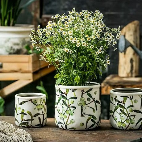 Three ceramic planters with floral patterns on a wooden surface.