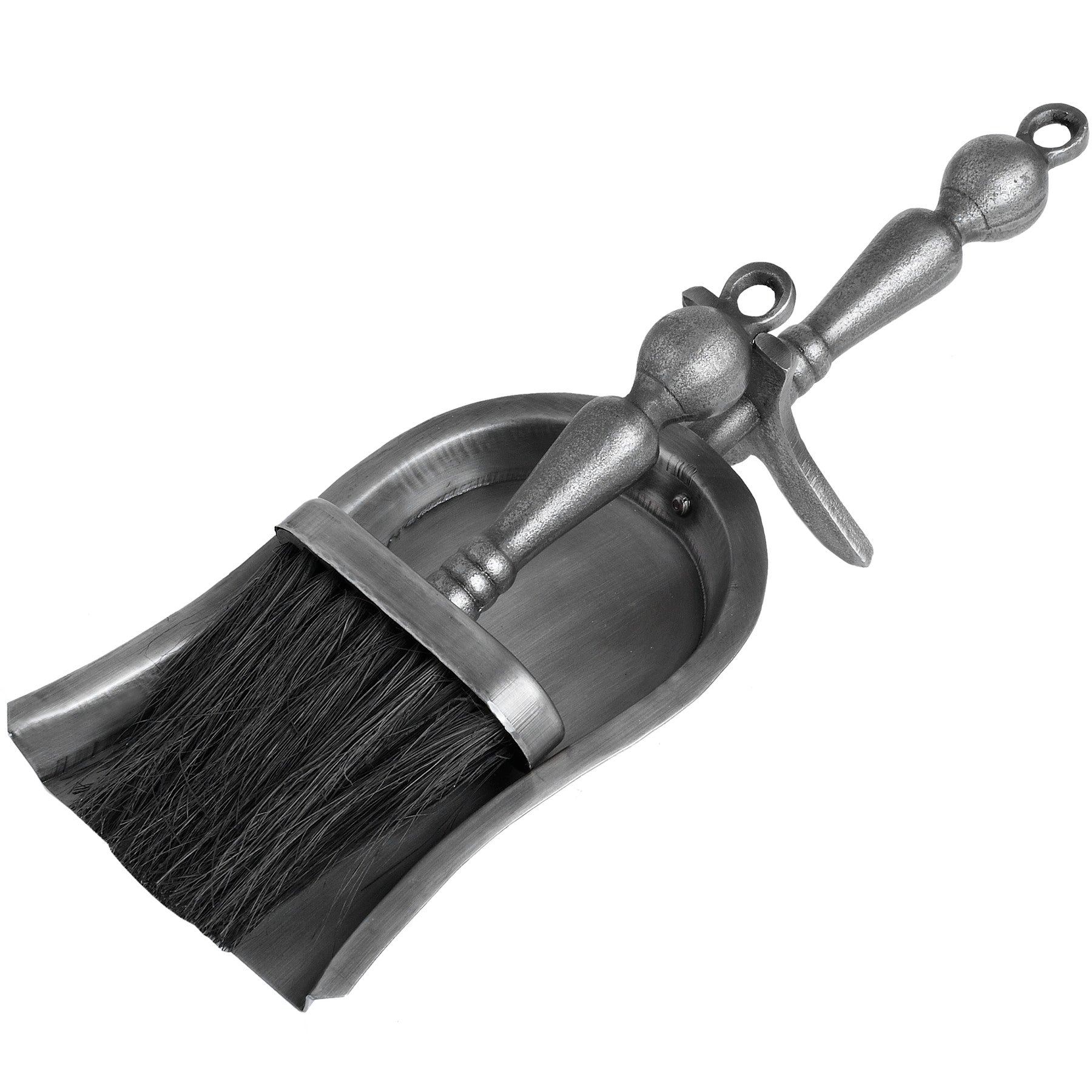 Silver dustpan and brush set on a white background