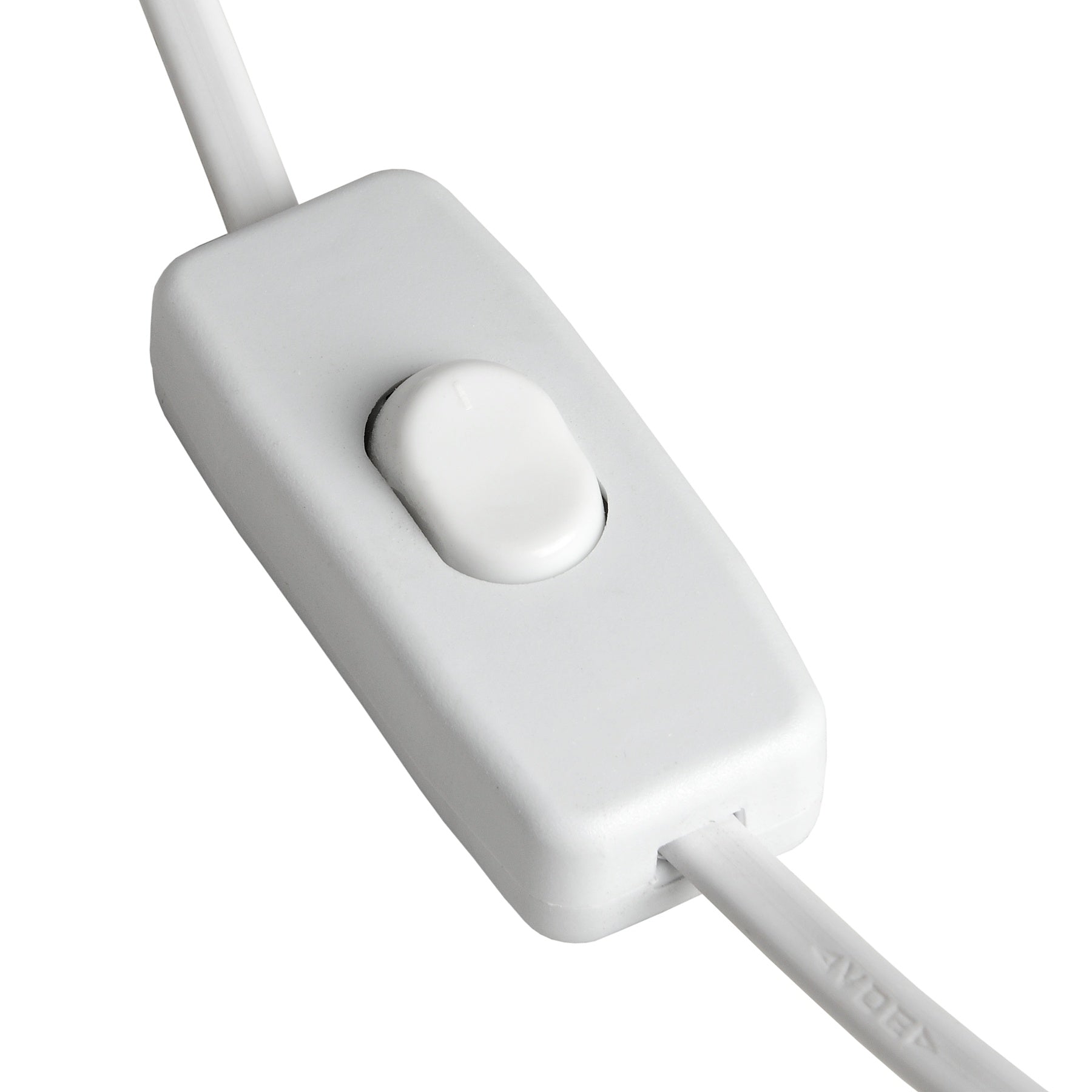Close-up of a white electronic component with a cable on a white background