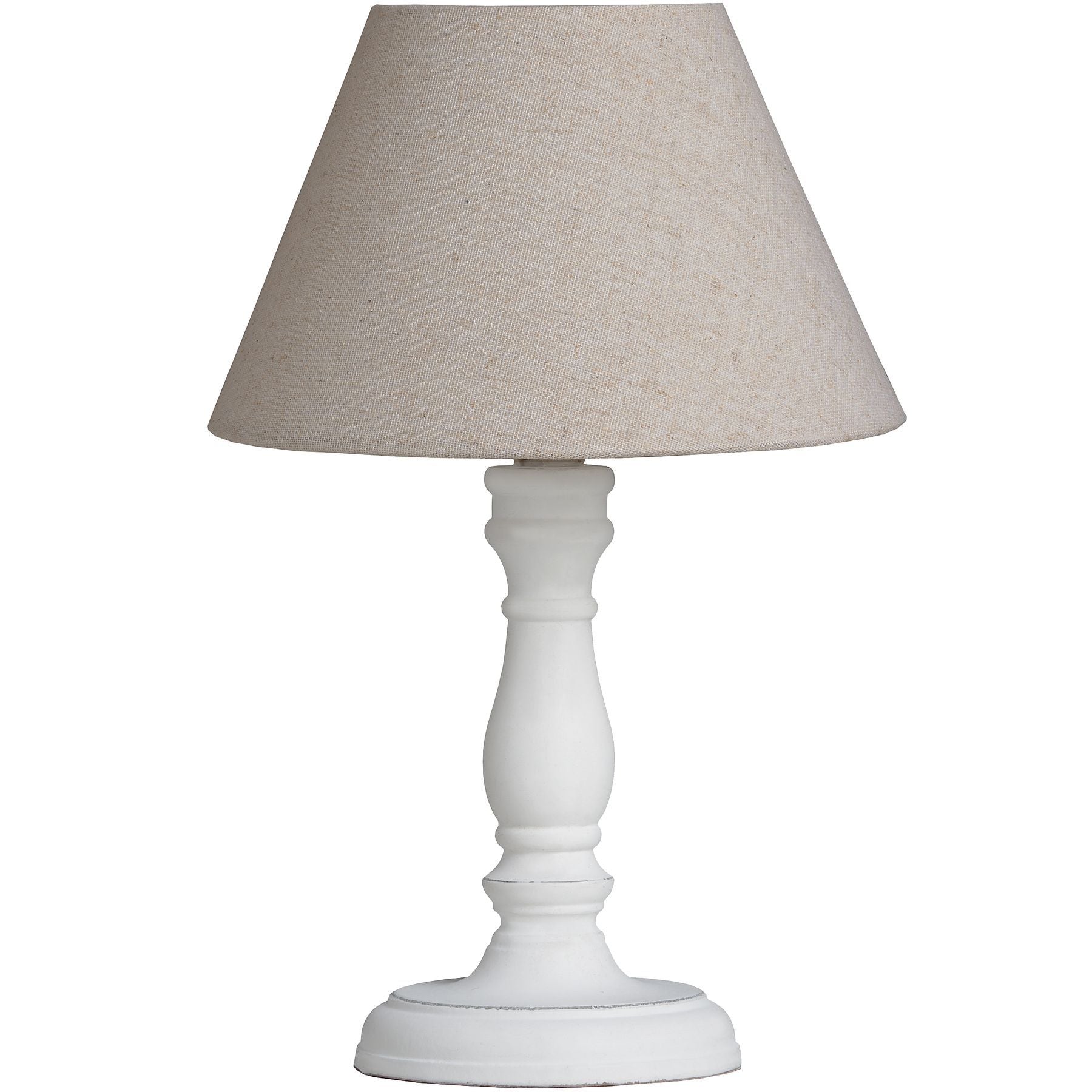 White table lamp with a beige lampshade on a white background