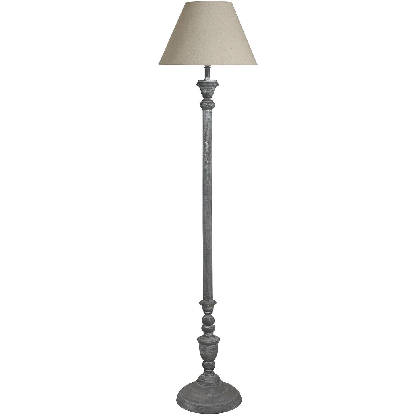Floor lamp with a gray base and beige lampshade on a white background