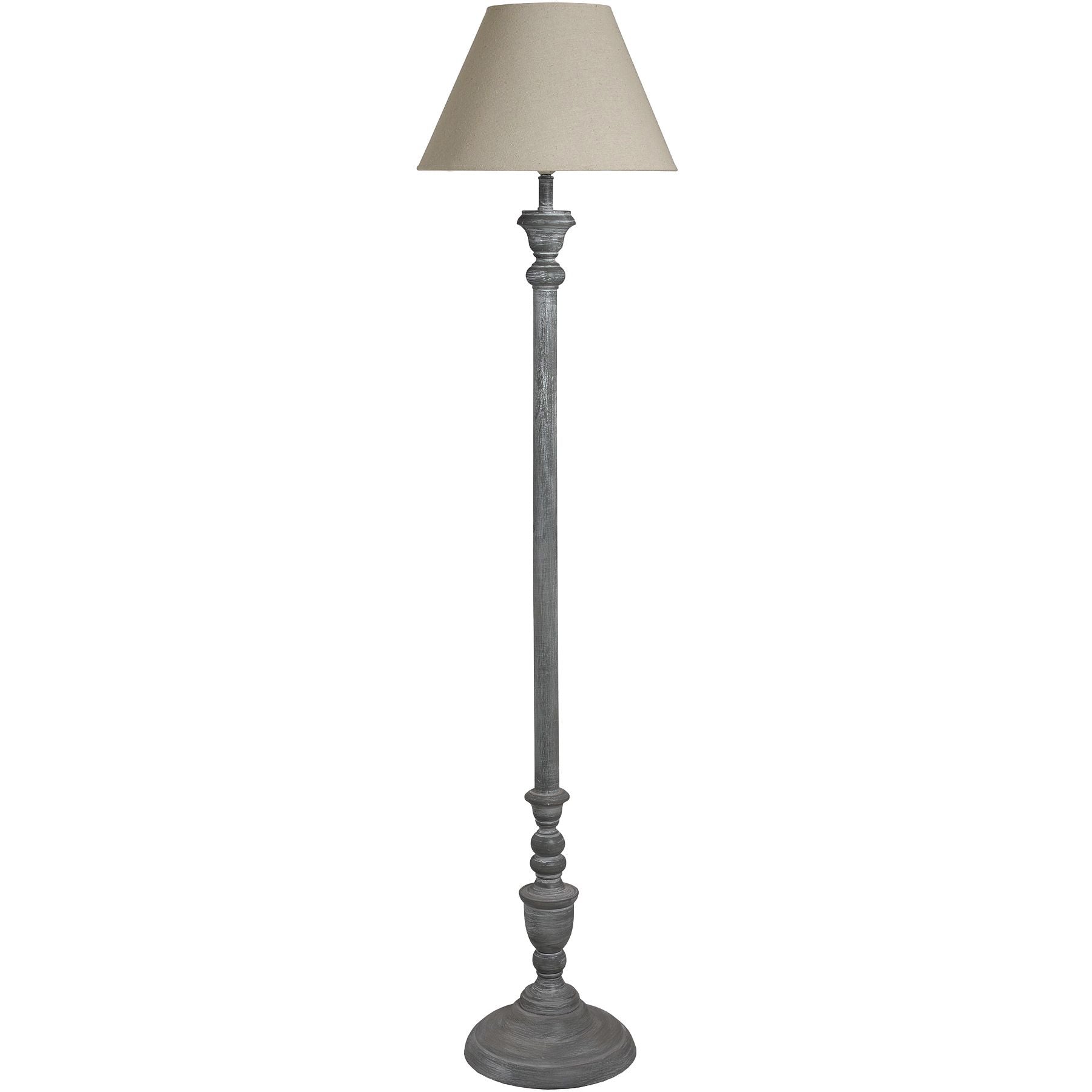Floor lamp with a gray base and beige lampshade on a white background