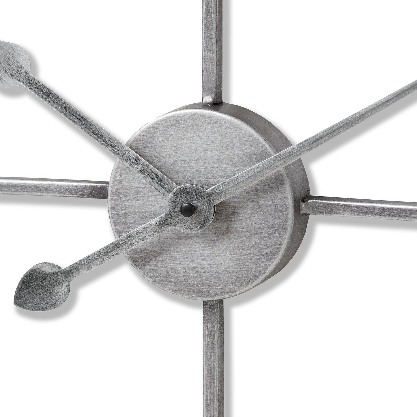 Close-up of a silver clock mechanism on a white background