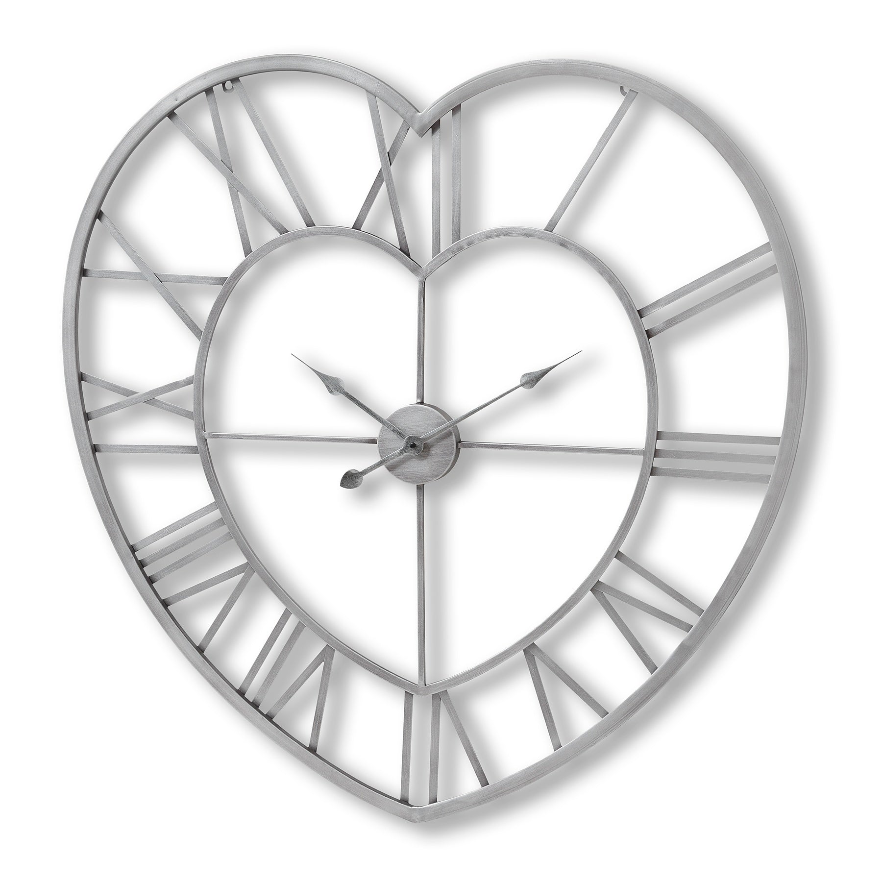 Heart-shaped wall clock with metallic finish on a white background