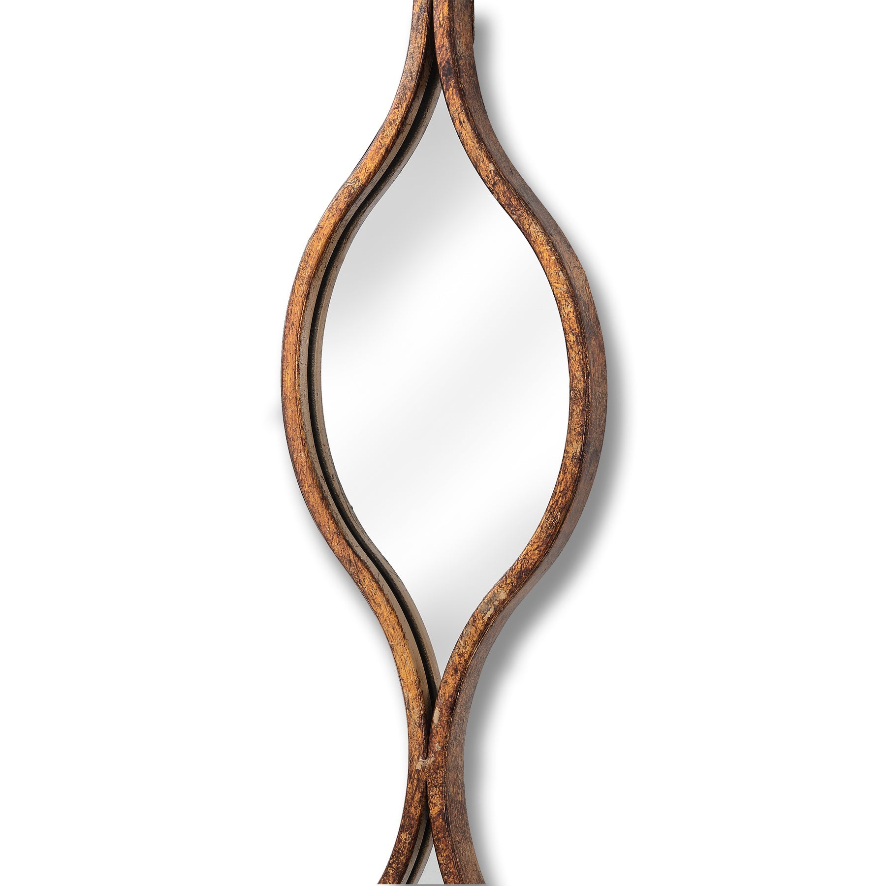 Decorative wall mirror with wavy brown frame on a white background