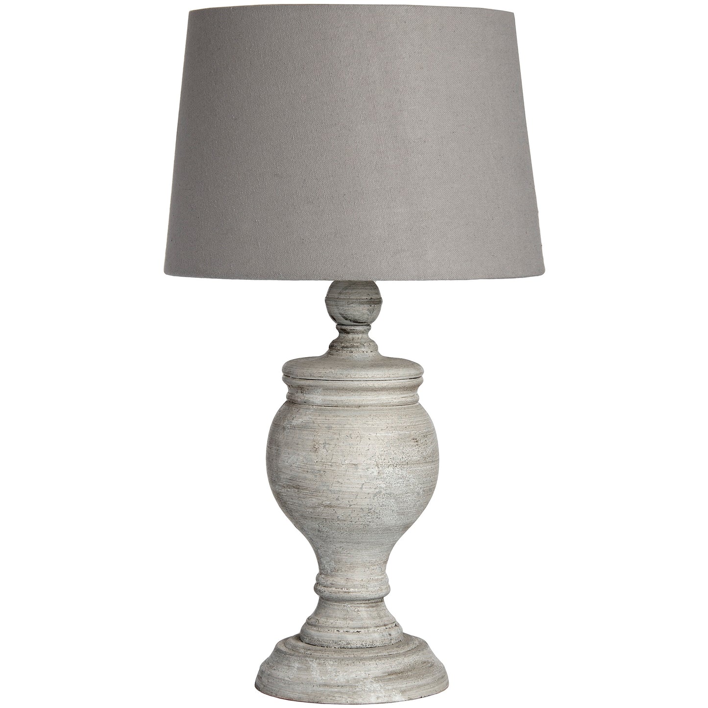Table lamp with gray shade and textured base on a white background