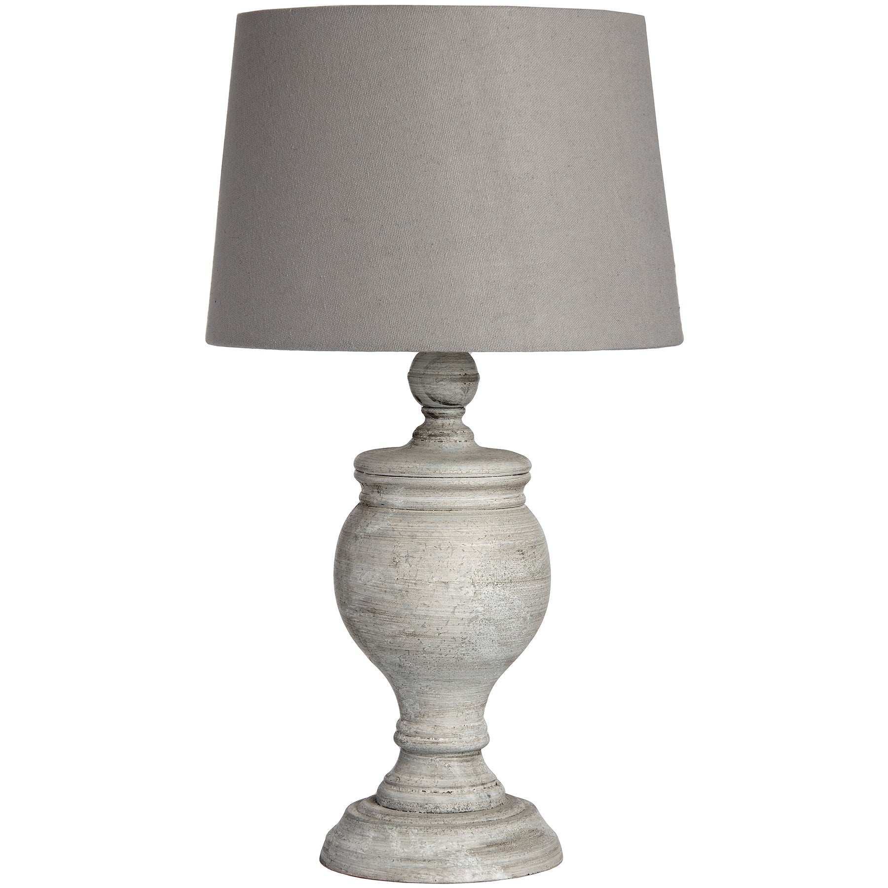 Table lamp with gray shade and textured base on a white background
