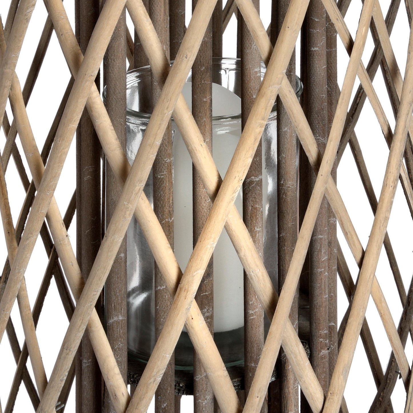 Decorative candle holder with woven wooden design on a white background