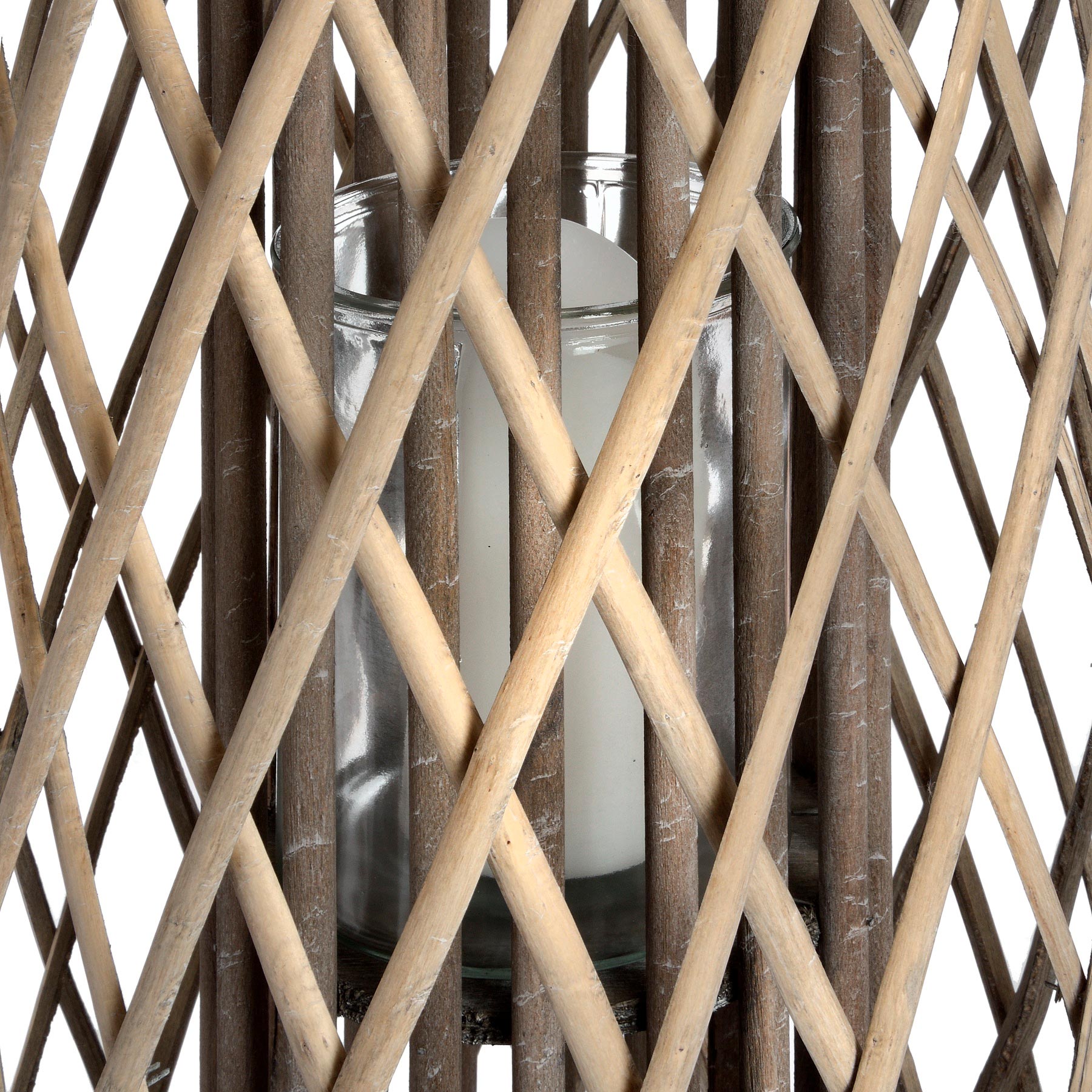 Decorative candle holder with woven wooden design on a white background