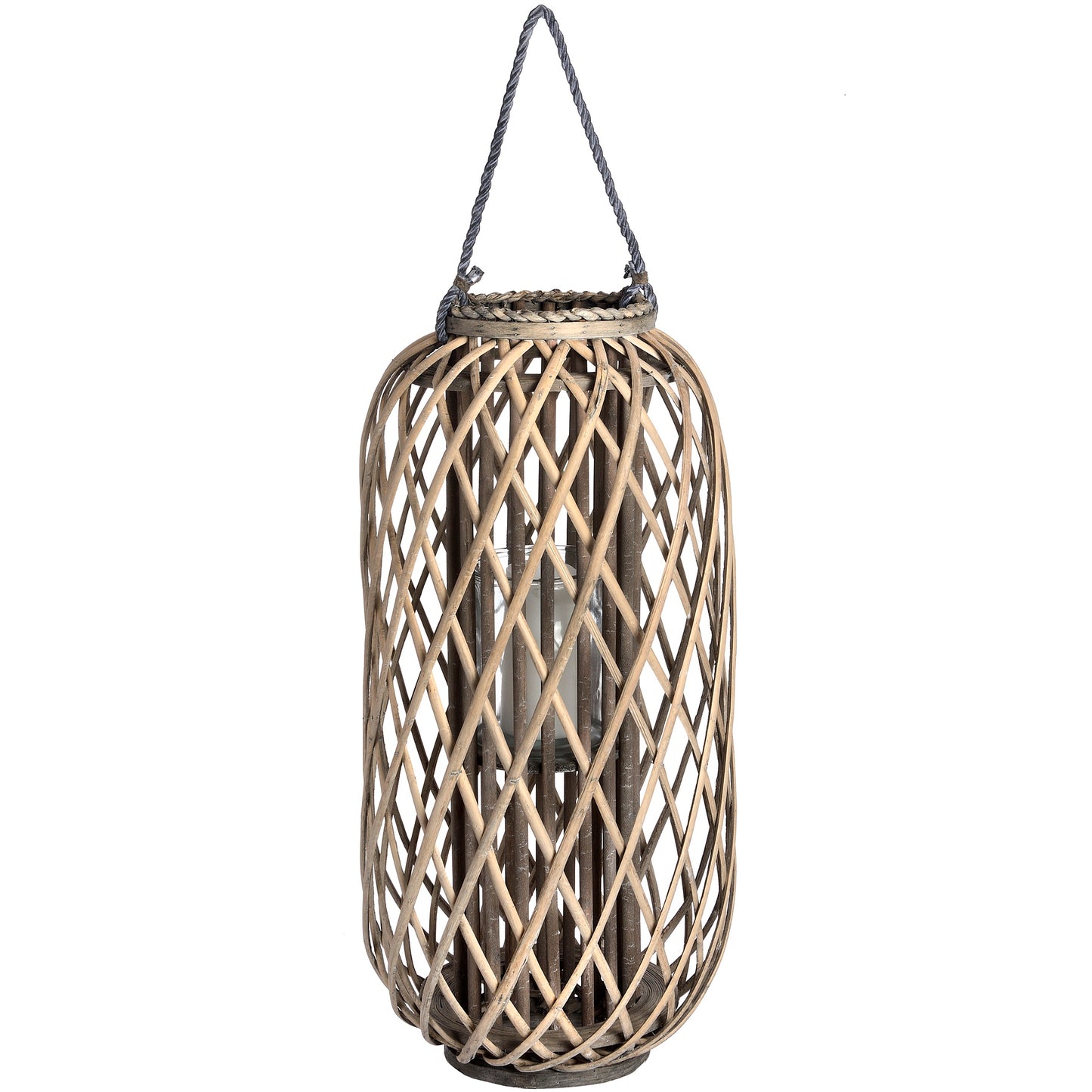 Woven rattan lantern with a rope handle on a white background