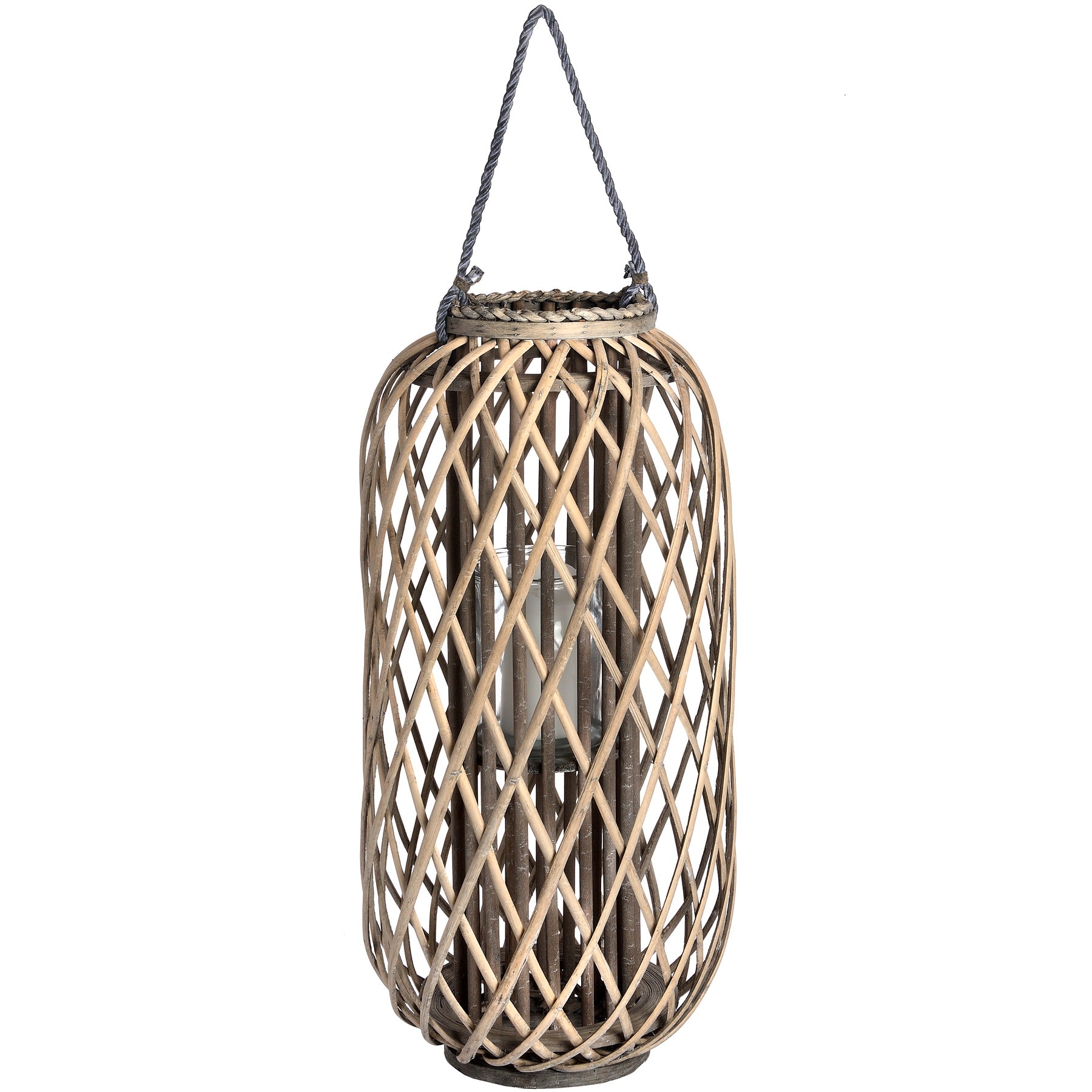 Woven rattan lantern with a rope handle on a white background