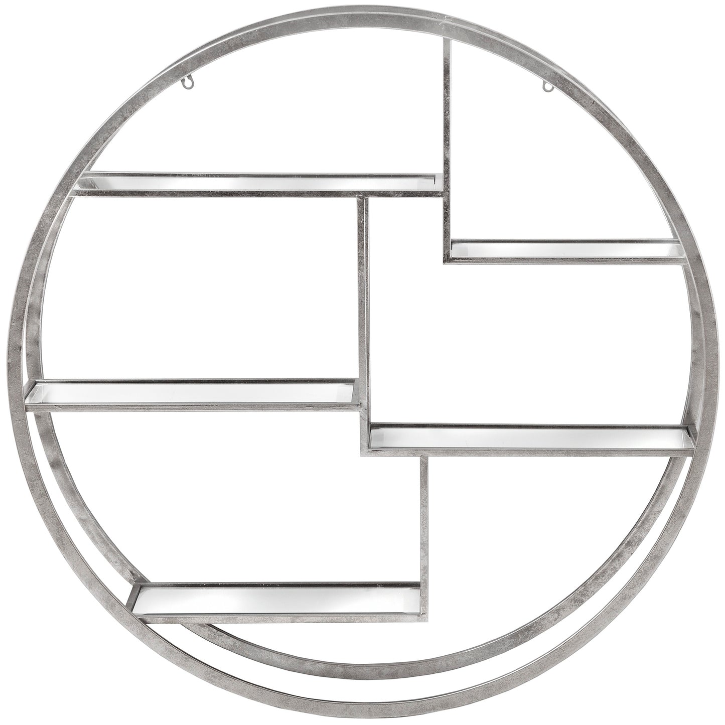 Circular metal wall shelf with geometric design on a white background