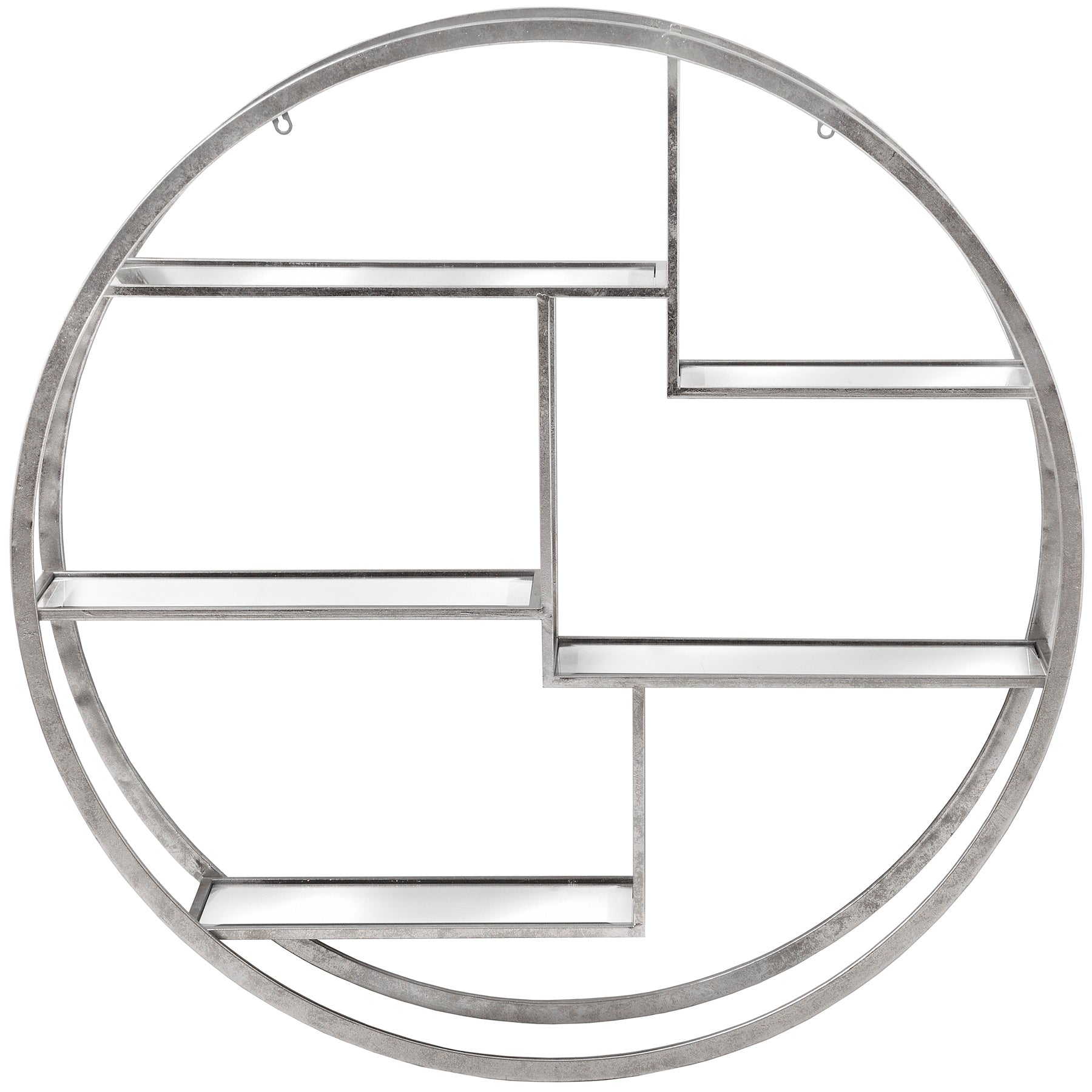 Circular metal wall shelf with geometric design on a white background