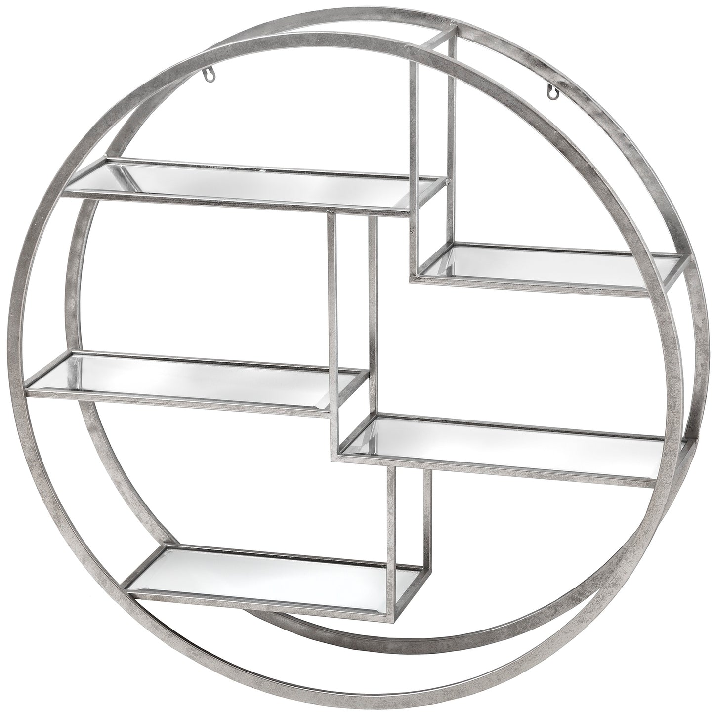Metallic circular shelf with multiple levels on a white background