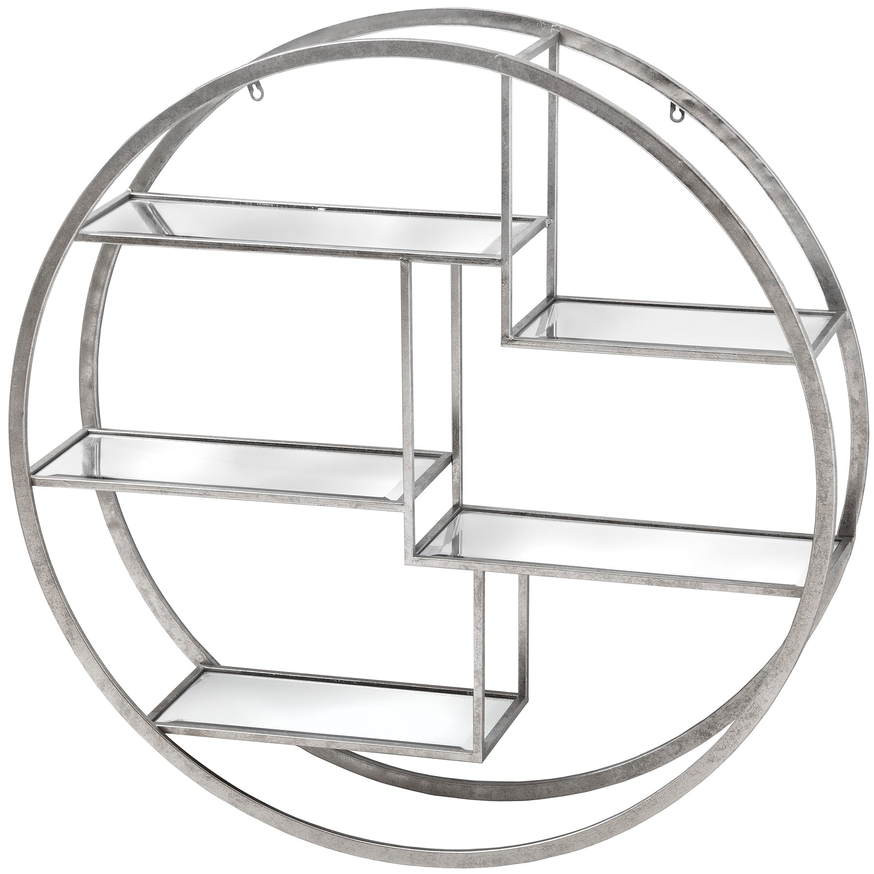 Metallic circular shelf with multiple levels on a white background