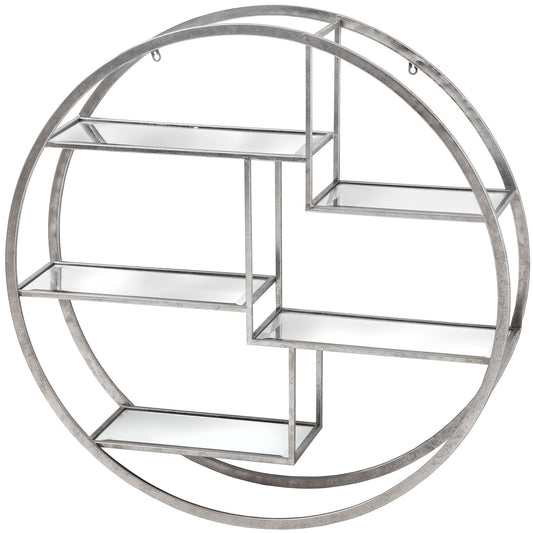 Metallic circular shelf with multiple levels on a white background