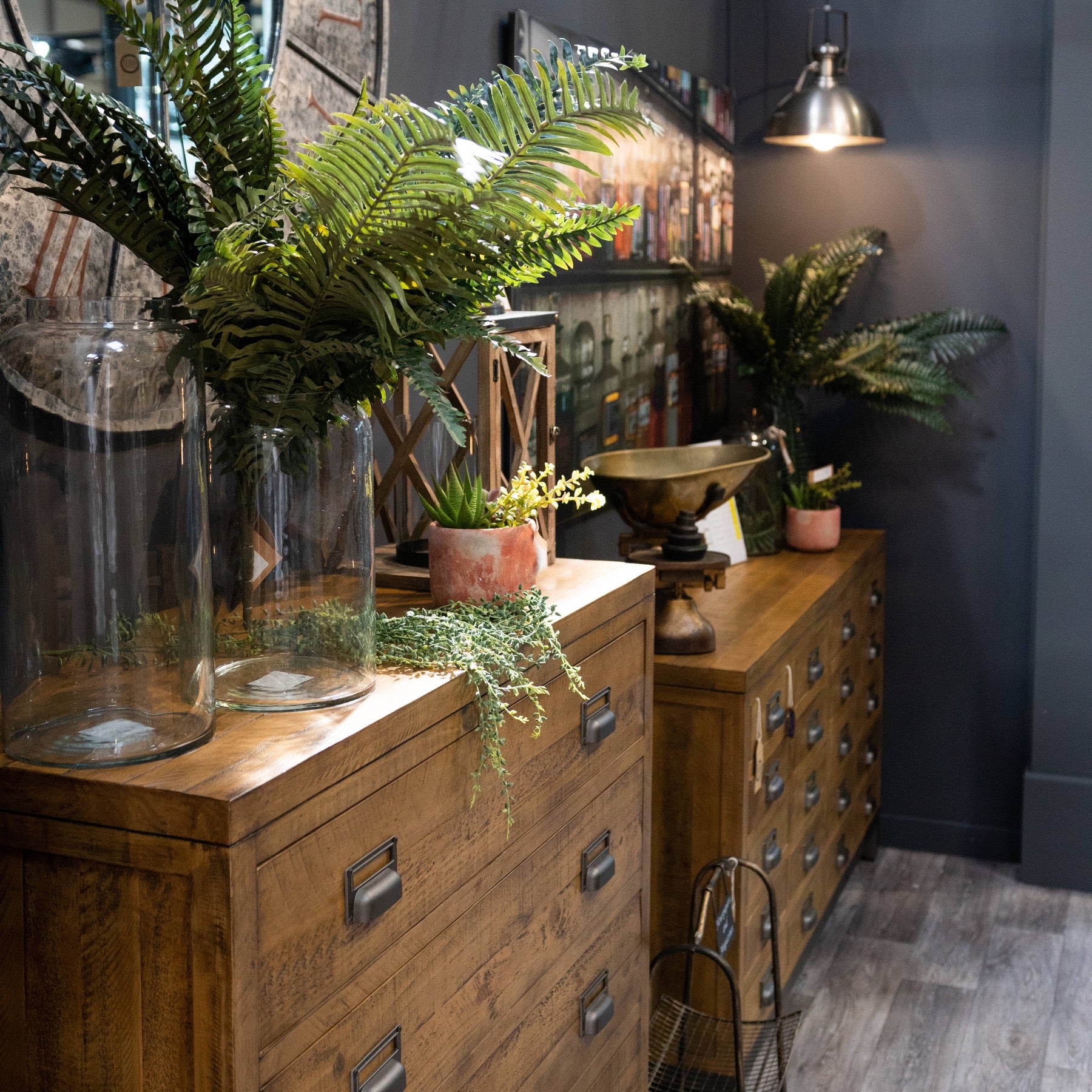 Wooden dresser with potted plants against a dark wall