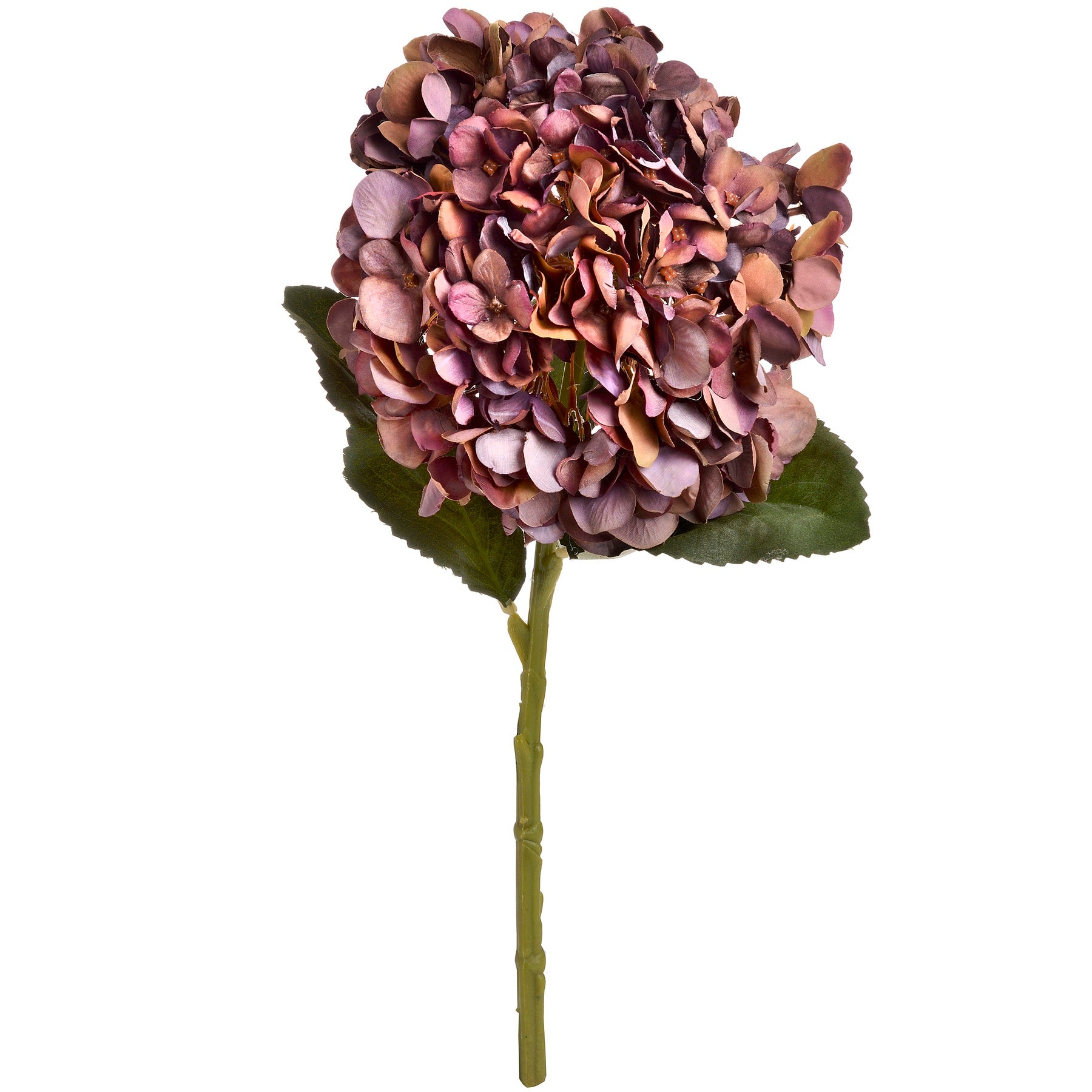 Artificial flower arrangement with purple and brown hues on a white background