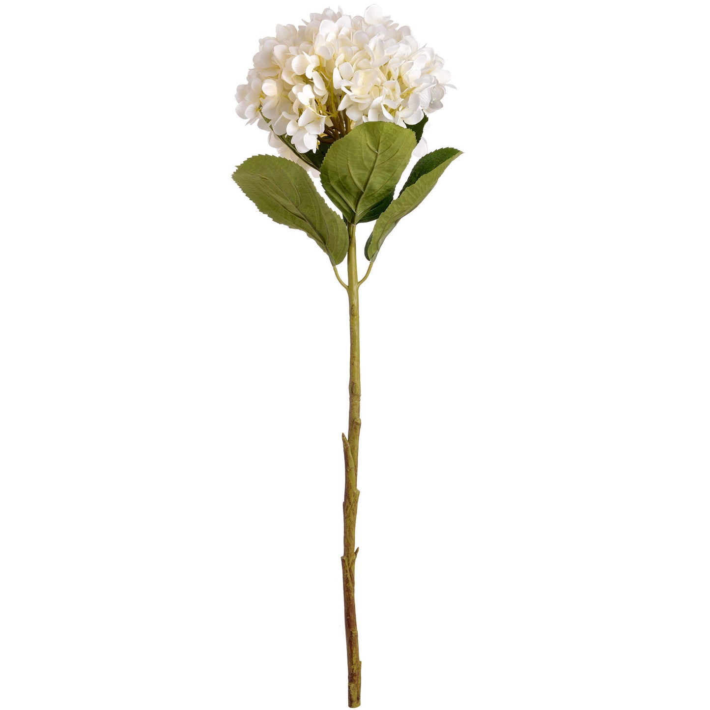 Artificial flower stem with white flowers and green leaves on a white background