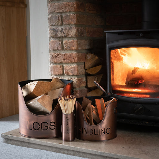 Copper logs, kindling bucket and matchstick holder