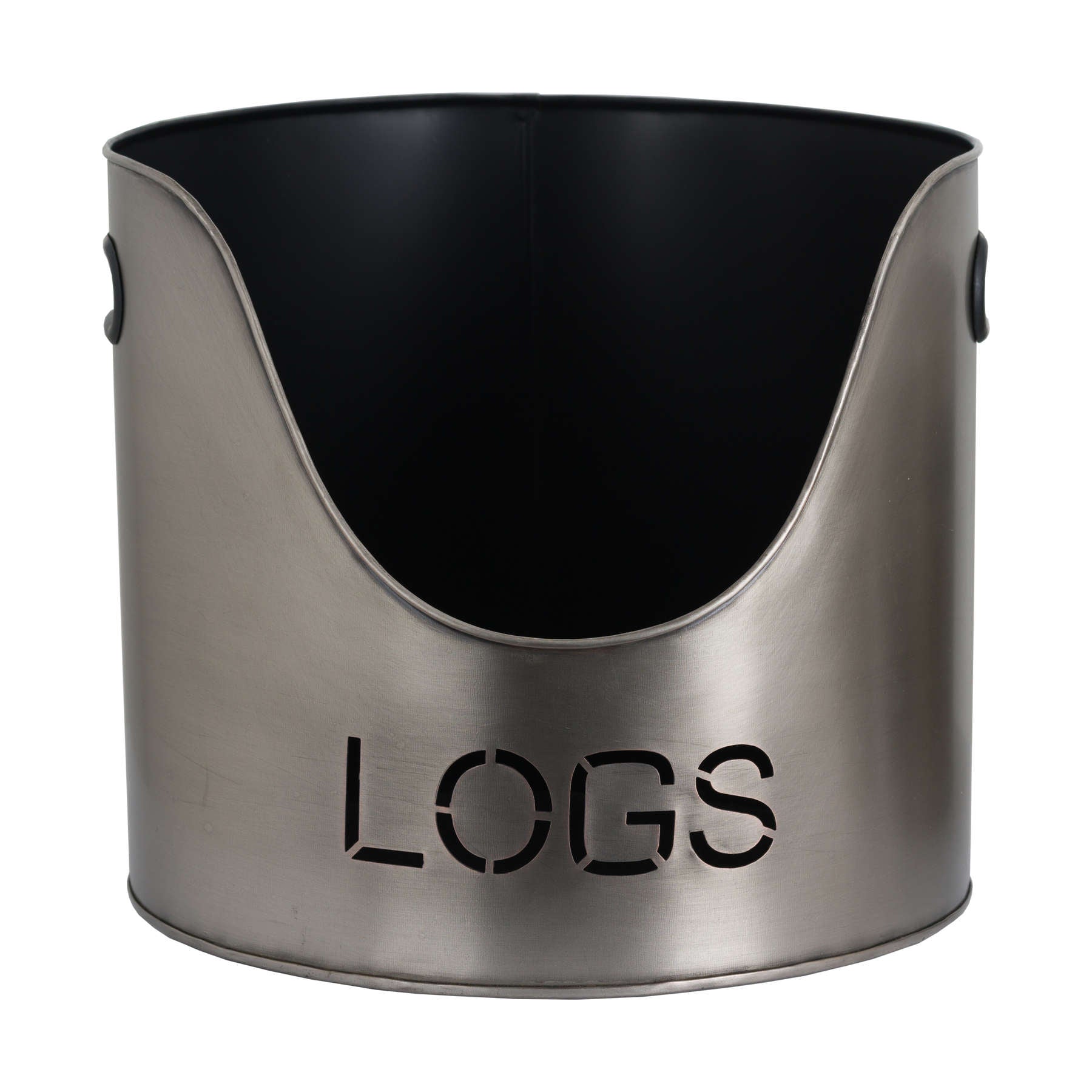 Metal log holder with 'LOGS' engraving on a white background