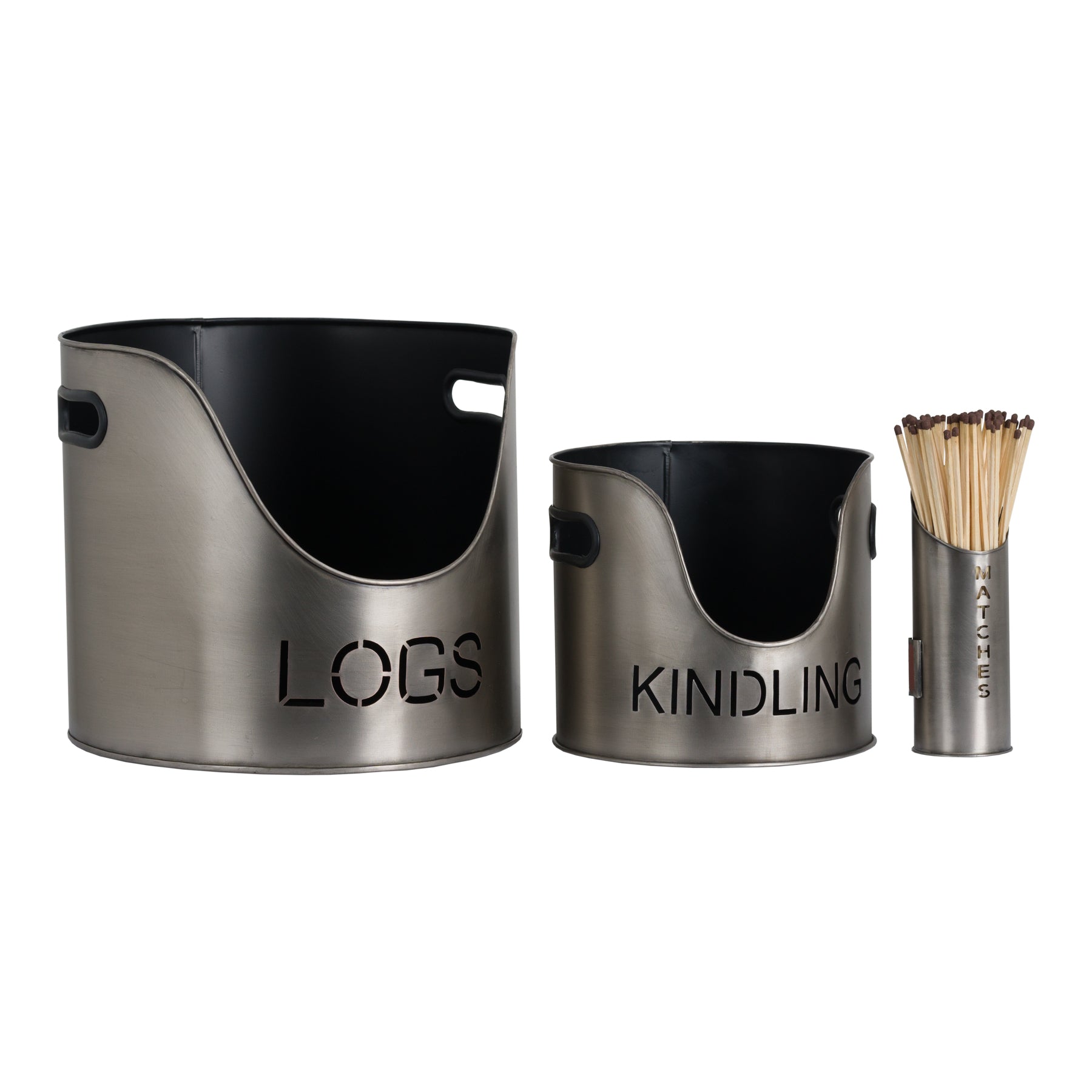 Set of metal storage bins labeled 'Logs' and 'Kindling' with a container of matches on a white background.