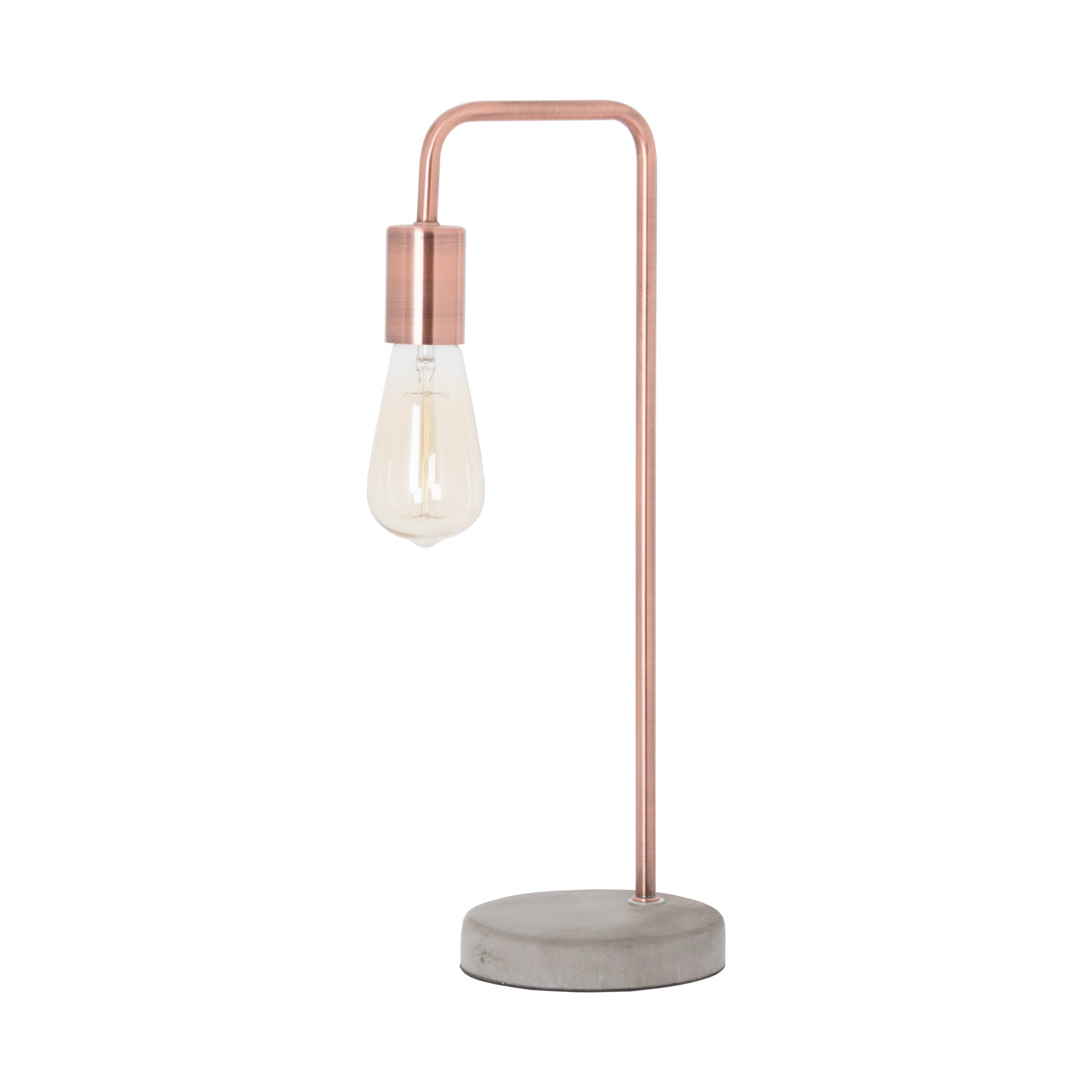 Table lamp with copper arm and concrete base on a white background