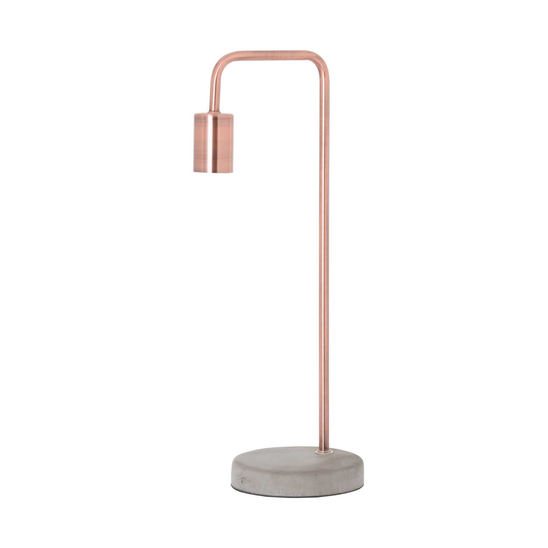 Modern table lamp with copper metal arm and concrete base on a white background