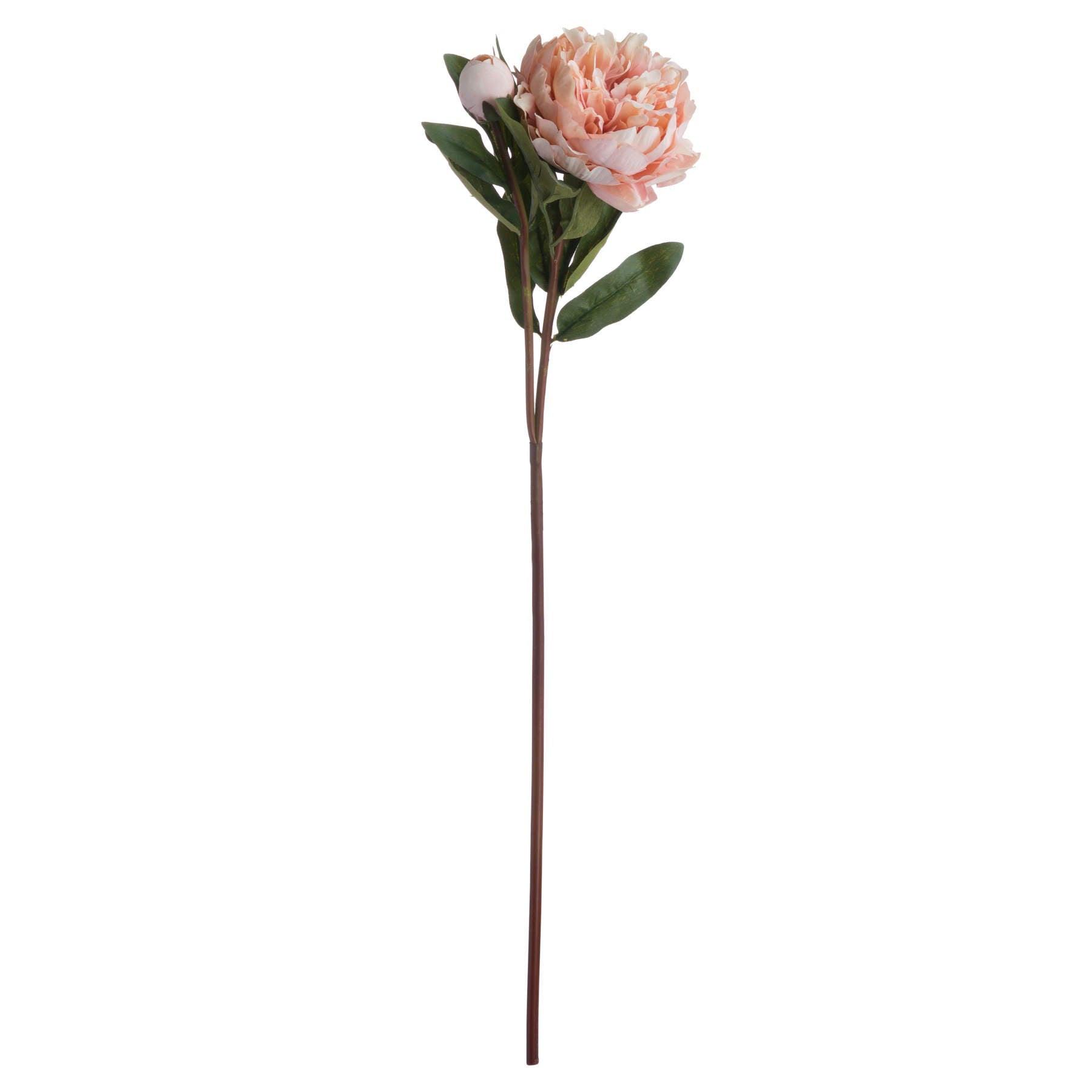 Artificial flower stem with pink peony on a white background