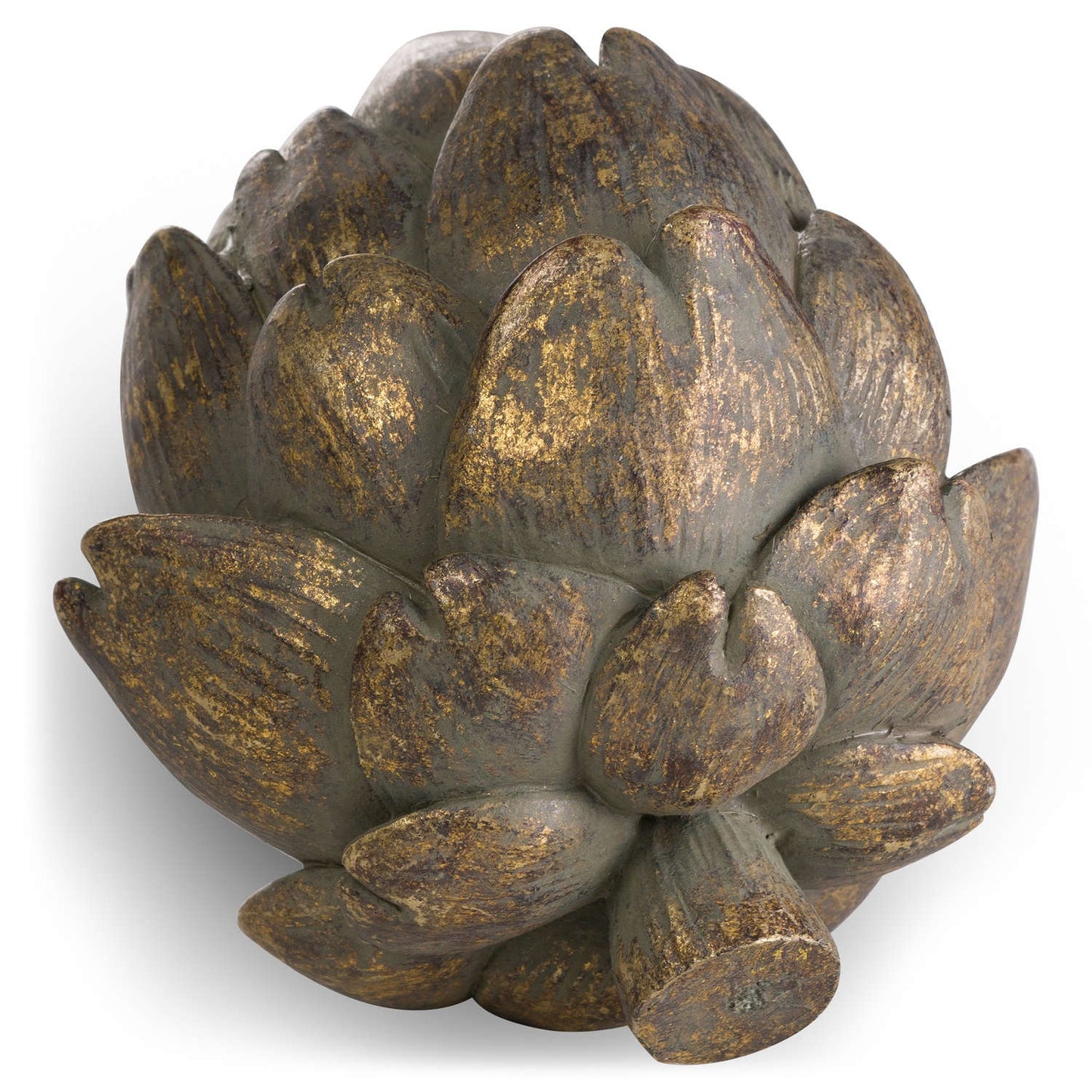 Decorative artichoke sculpture with a rustic finish on a white background