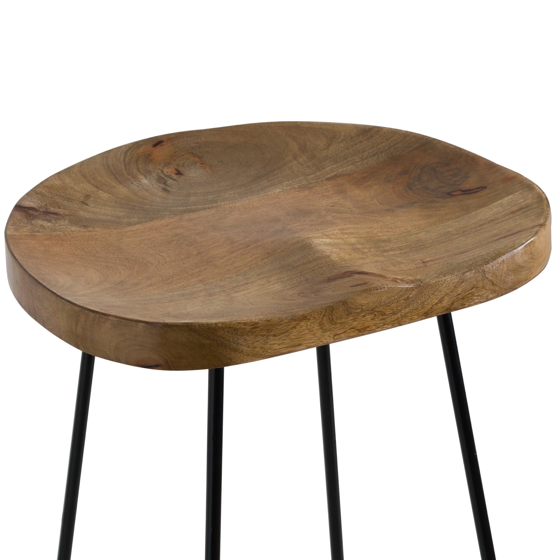 Wooden side table with black metal legs on a white background