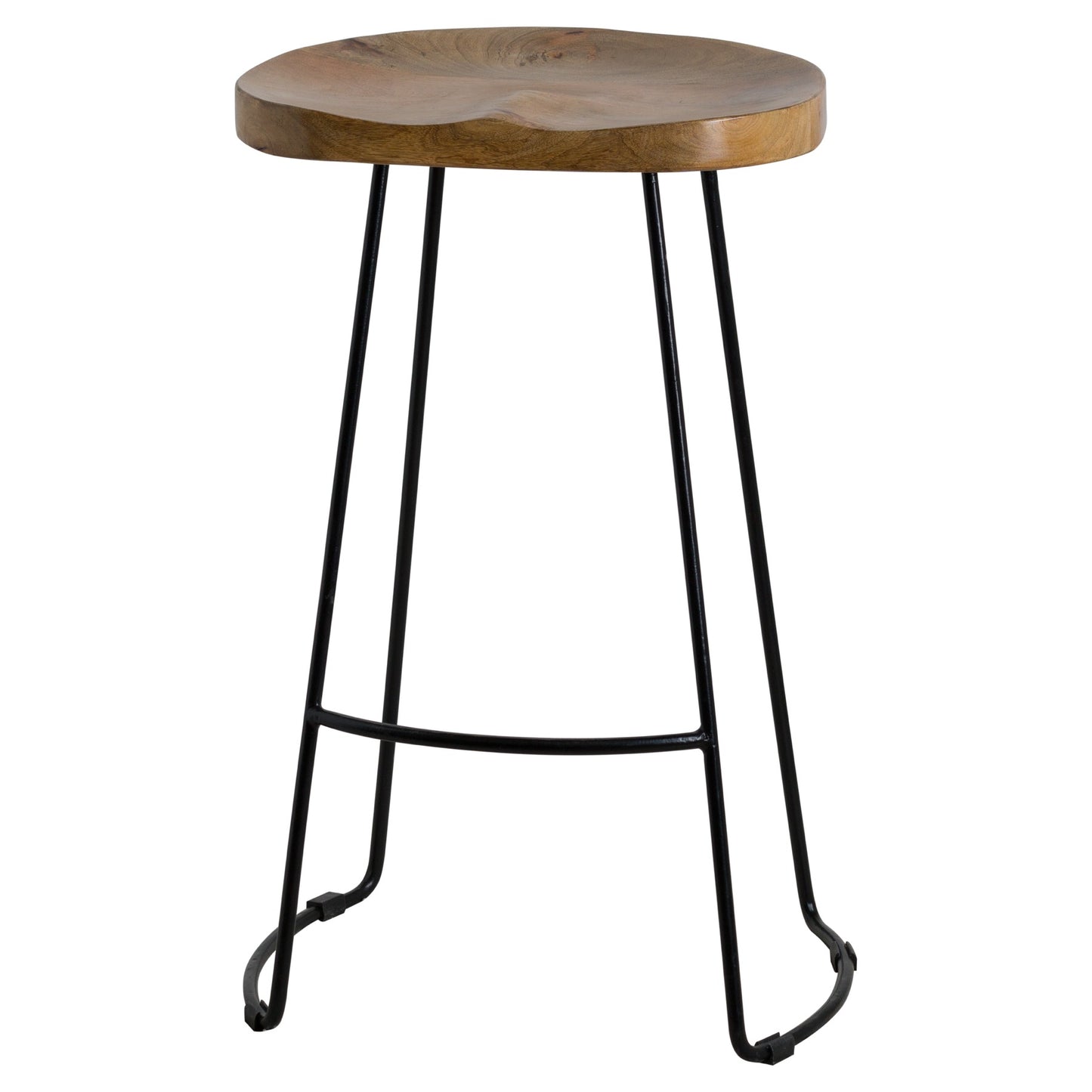 Bar stool with wooden seat and black metal legs on a white background