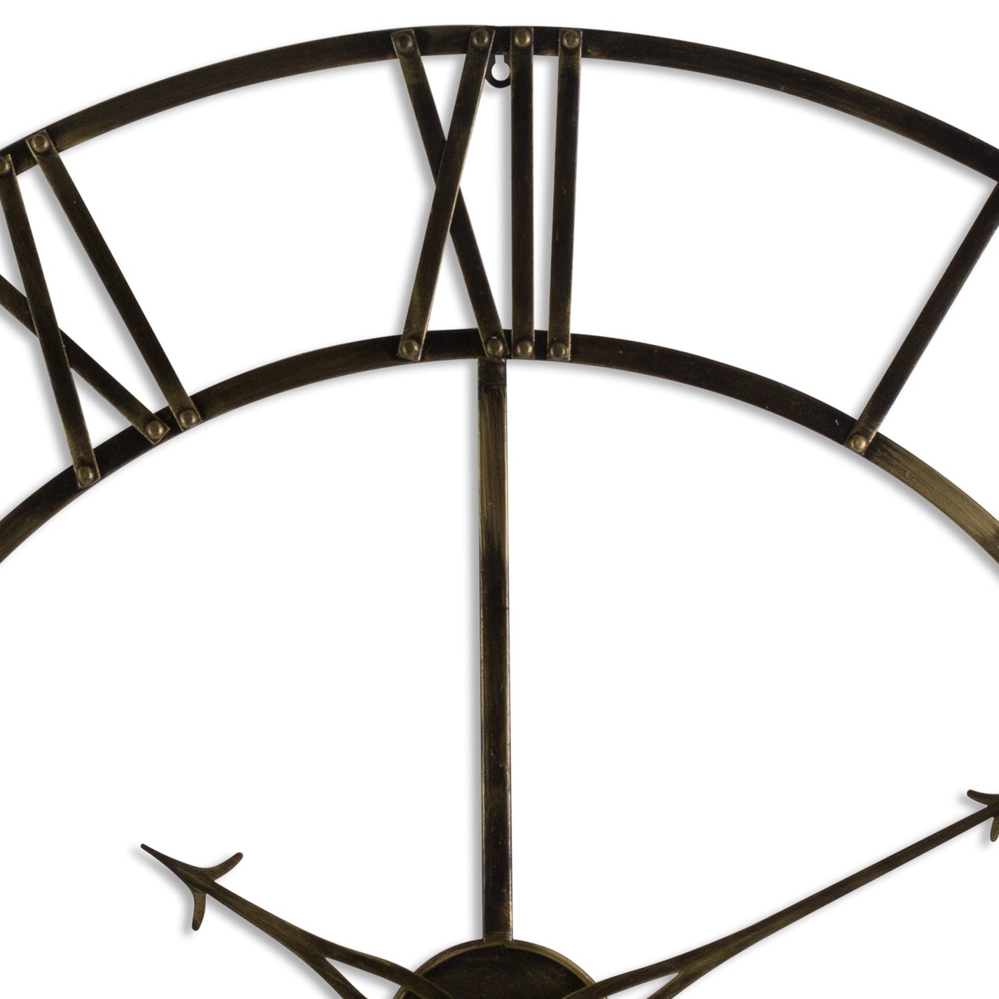 Large metal wall clock with Roman numeral design on a white background
