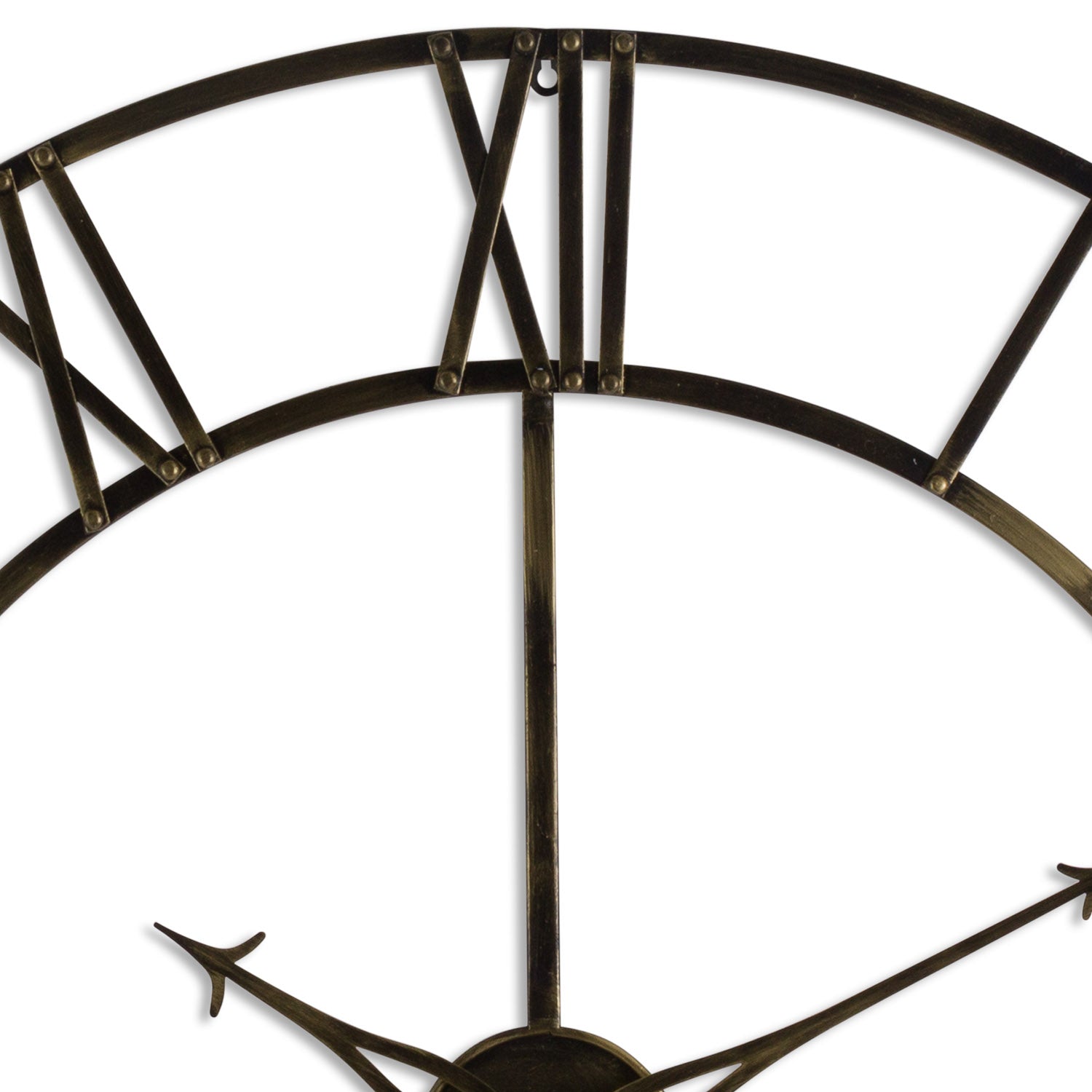Large metal wall clock with Roman numeral design on a white background