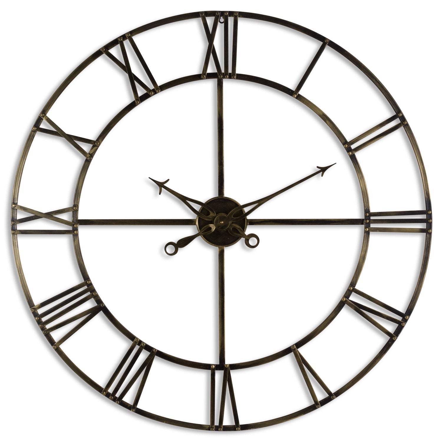 Large round wall clock with Roman numeral markers on a white background