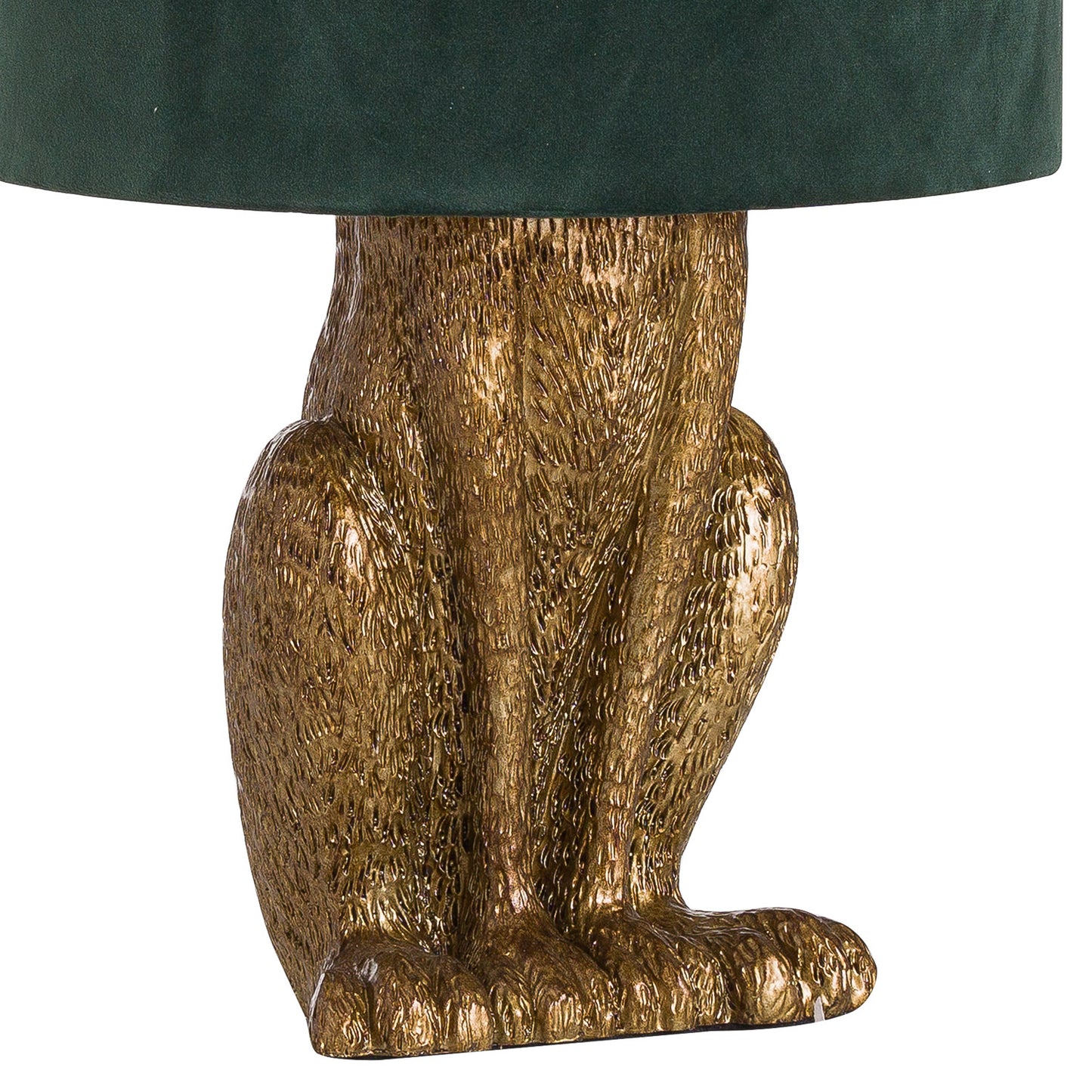 Gold animal-shaped base of a lamp with a green lampshade on a white background