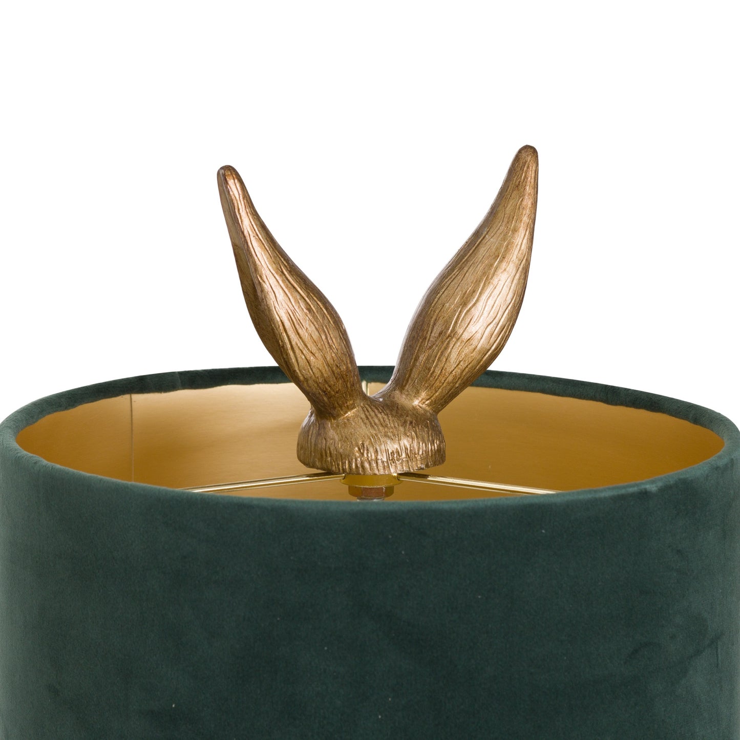 Green lampshade with gold interior and decorative gold antlers on a white background