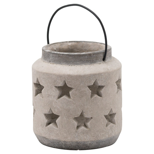 Cement lantern with star patterns and a black handle on a white background